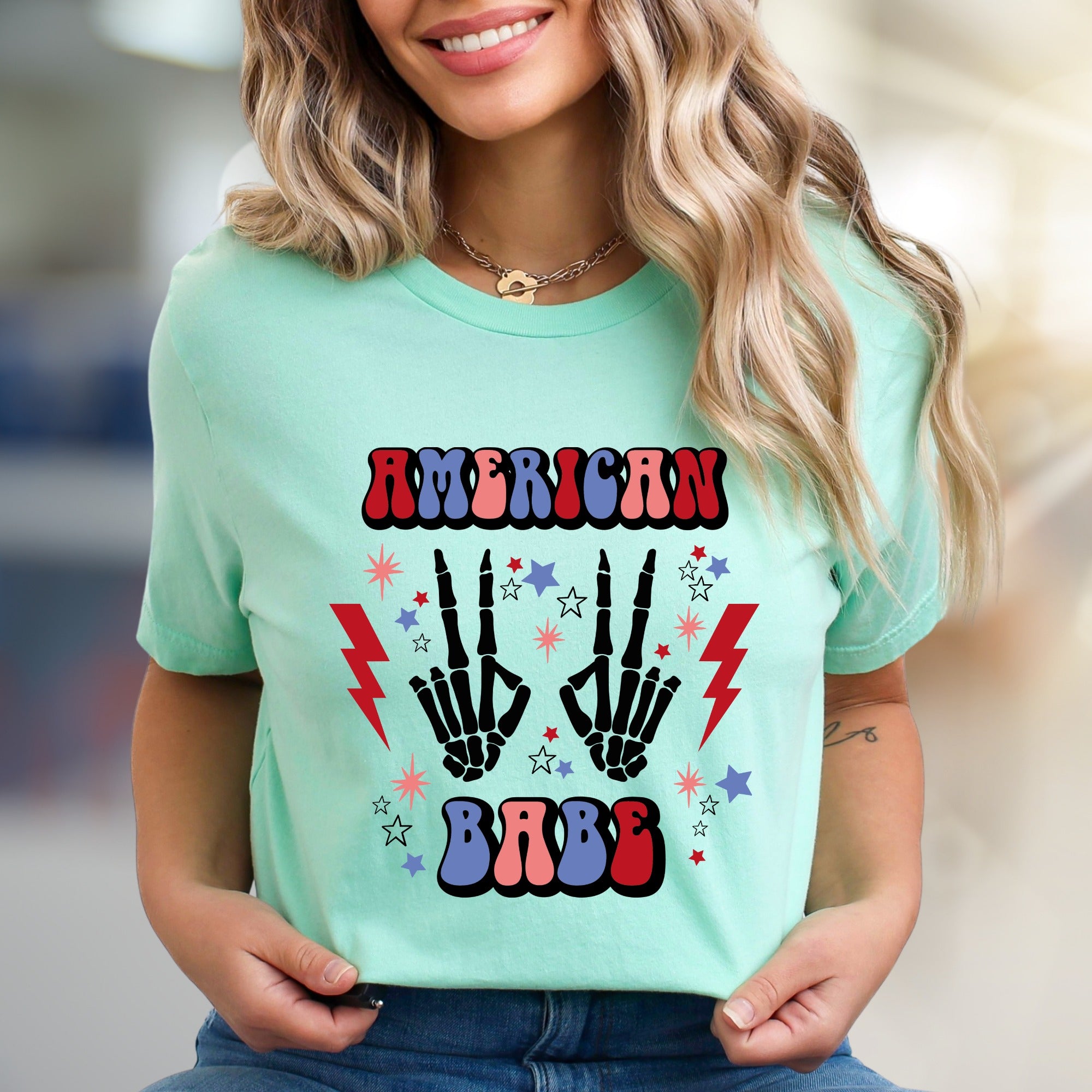 "AMERICAN BABE" Retro Patriotic Skeleton Tee, a Groovy Pick for Free Spirits