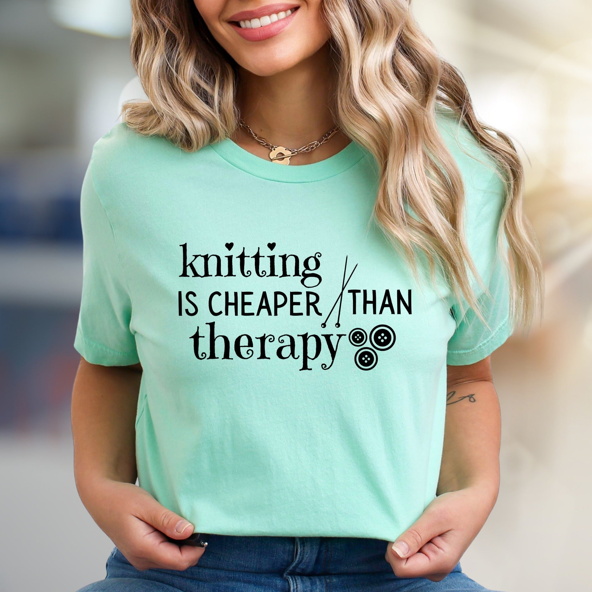 "Knitting is Cheaper Than Therapy" Crafty Graphic Tee, A Creative Comfort Pick for Makers