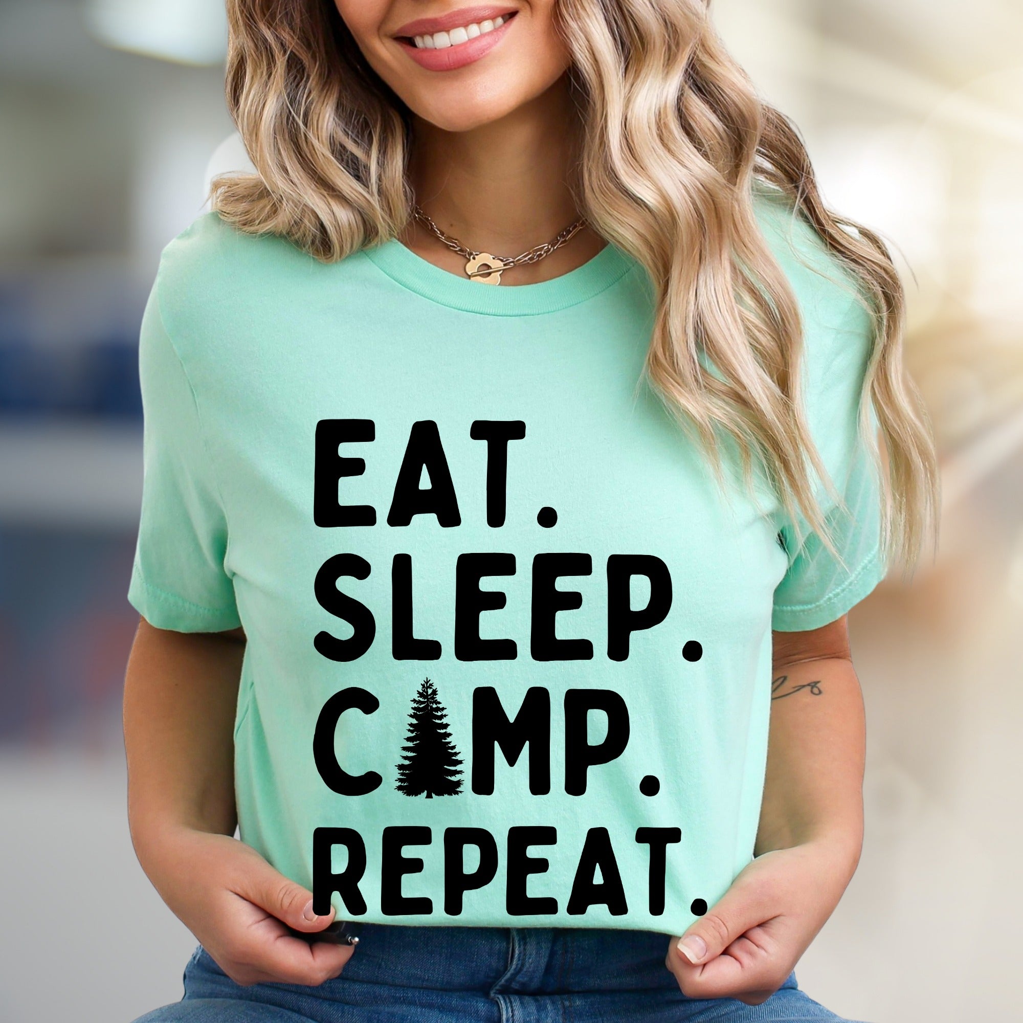 "Eat Sleep Camp Repeat" Outdoors Graphic Tee, a Nature Lover's Pick for Adventurers