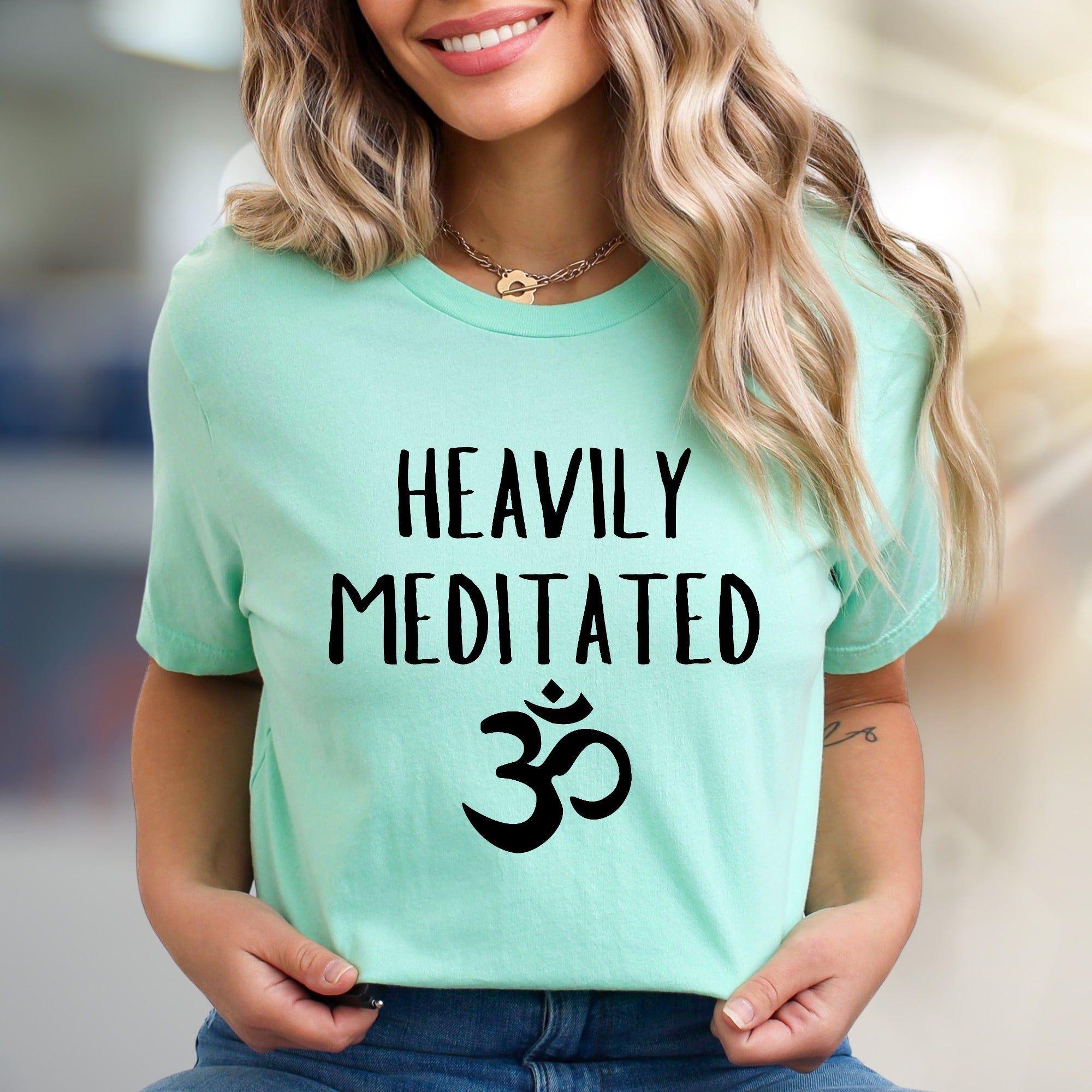 "HEAVILY MEDITATED" Om Symbol Graphic Tee, a Yoga Vibe Pick for Spiritual Souls
