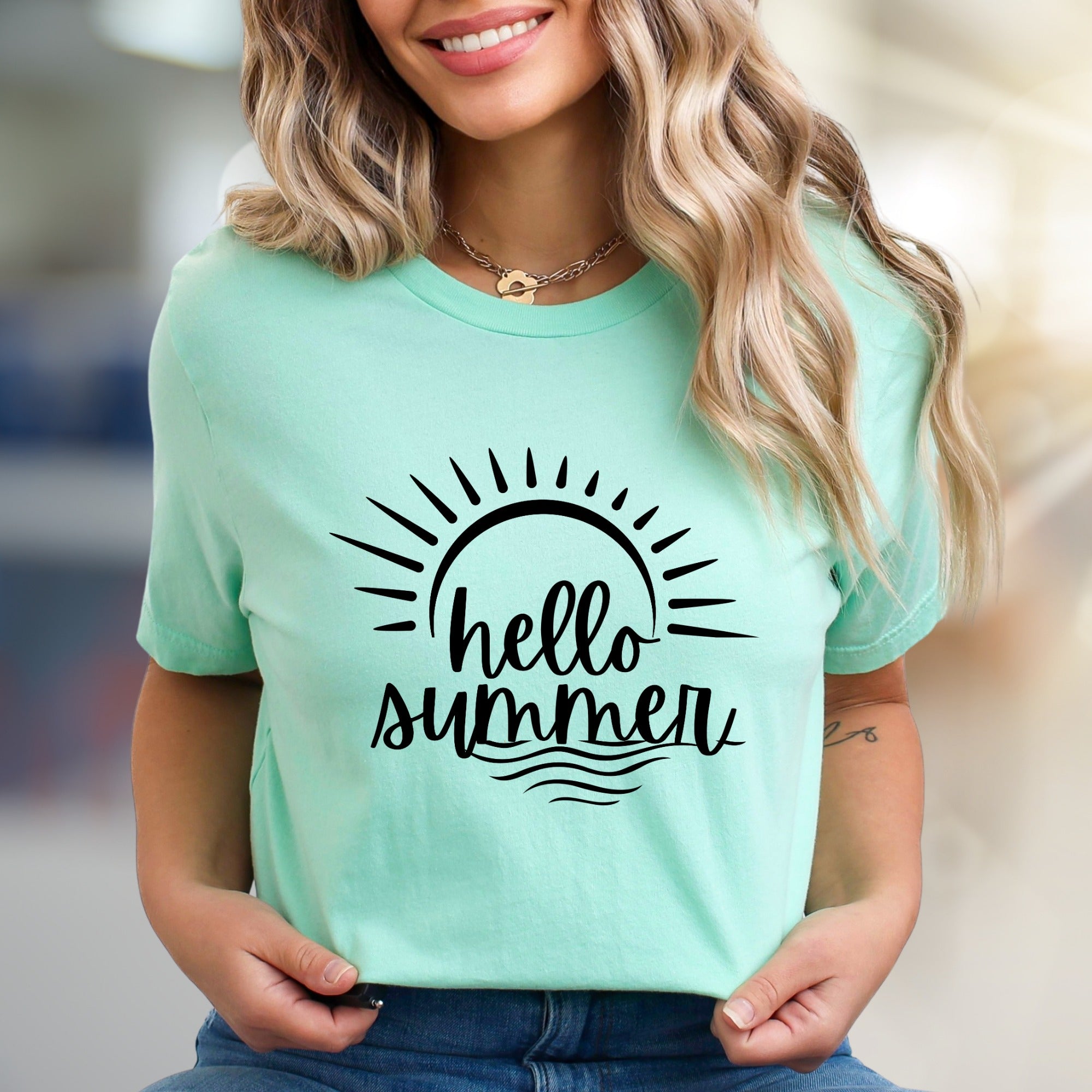 "hello summer" Sun & Wave Graphic Tee, a Vacation Style Pick for Beach Lovers