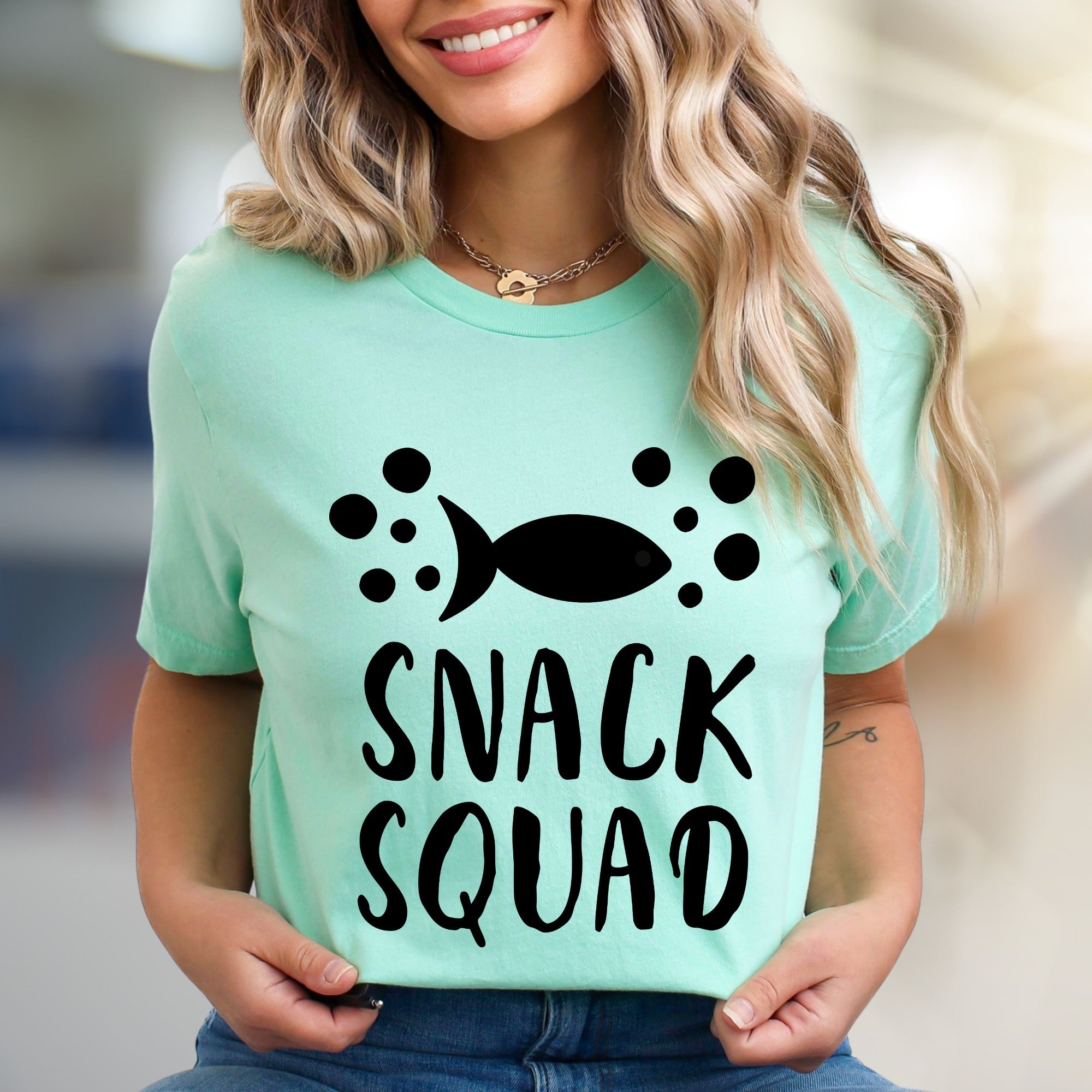 "SNACK SQUAD" Fish Bubble Graphic Tee, a Fun Casual Pick for Food Lovers