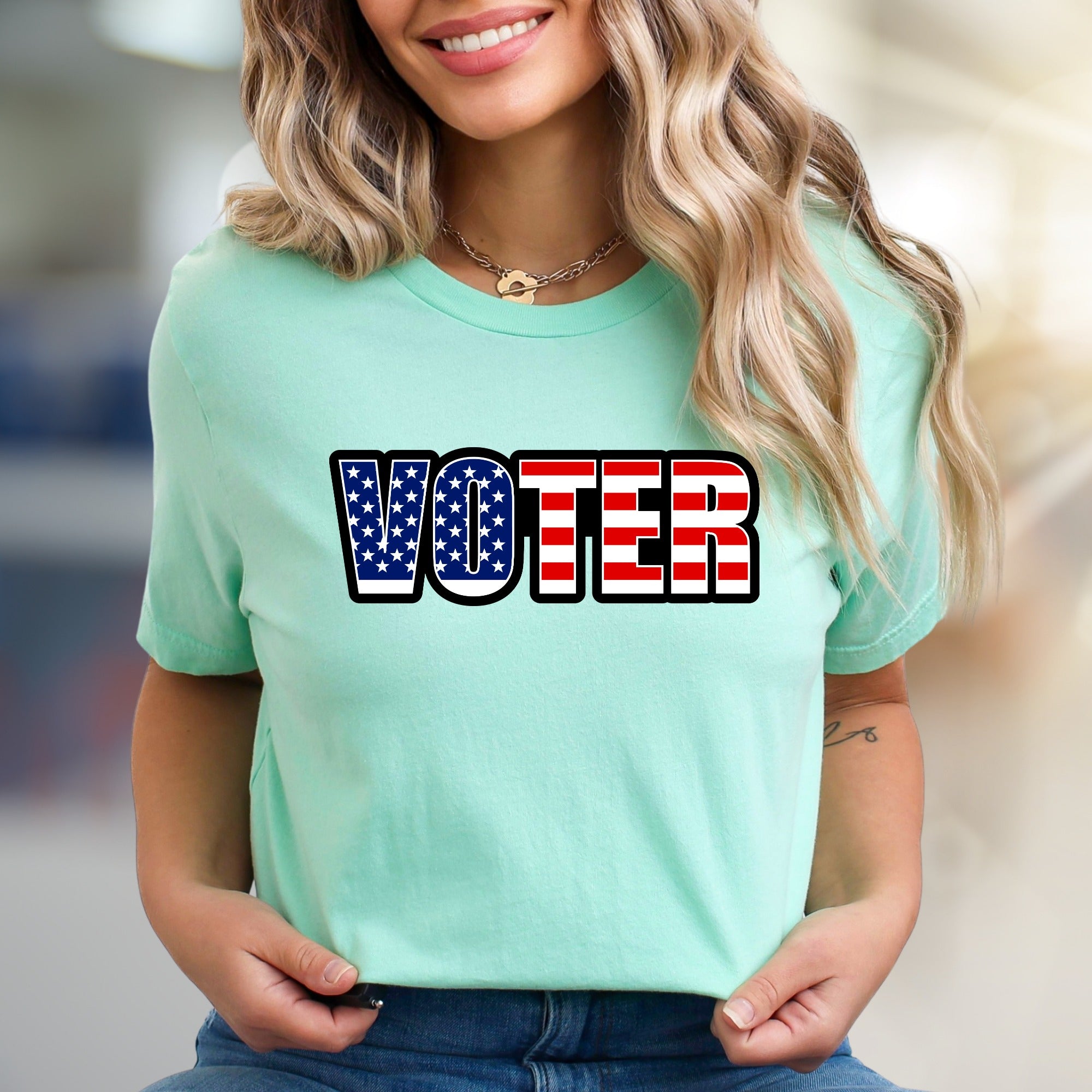 "VOTER" American Flag Graphic Tee, a Patriotic Pick for Engaged Citizens