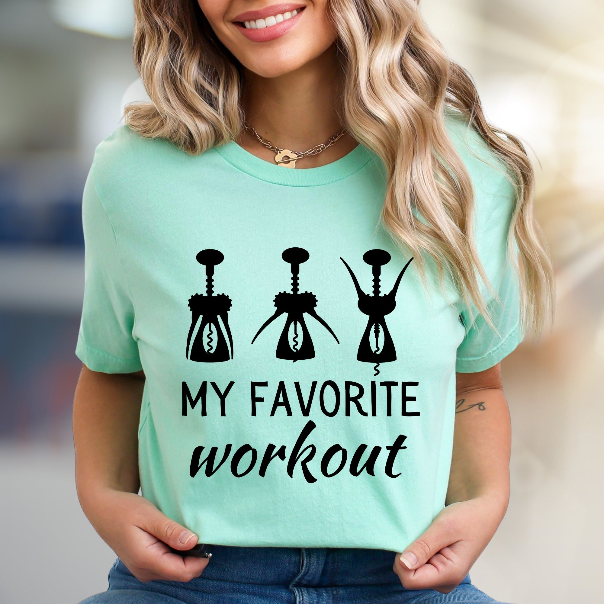 "My Favorite Workout" Wine Corkscrew Graphic Tee, a Witty Pick for Wine Lovers