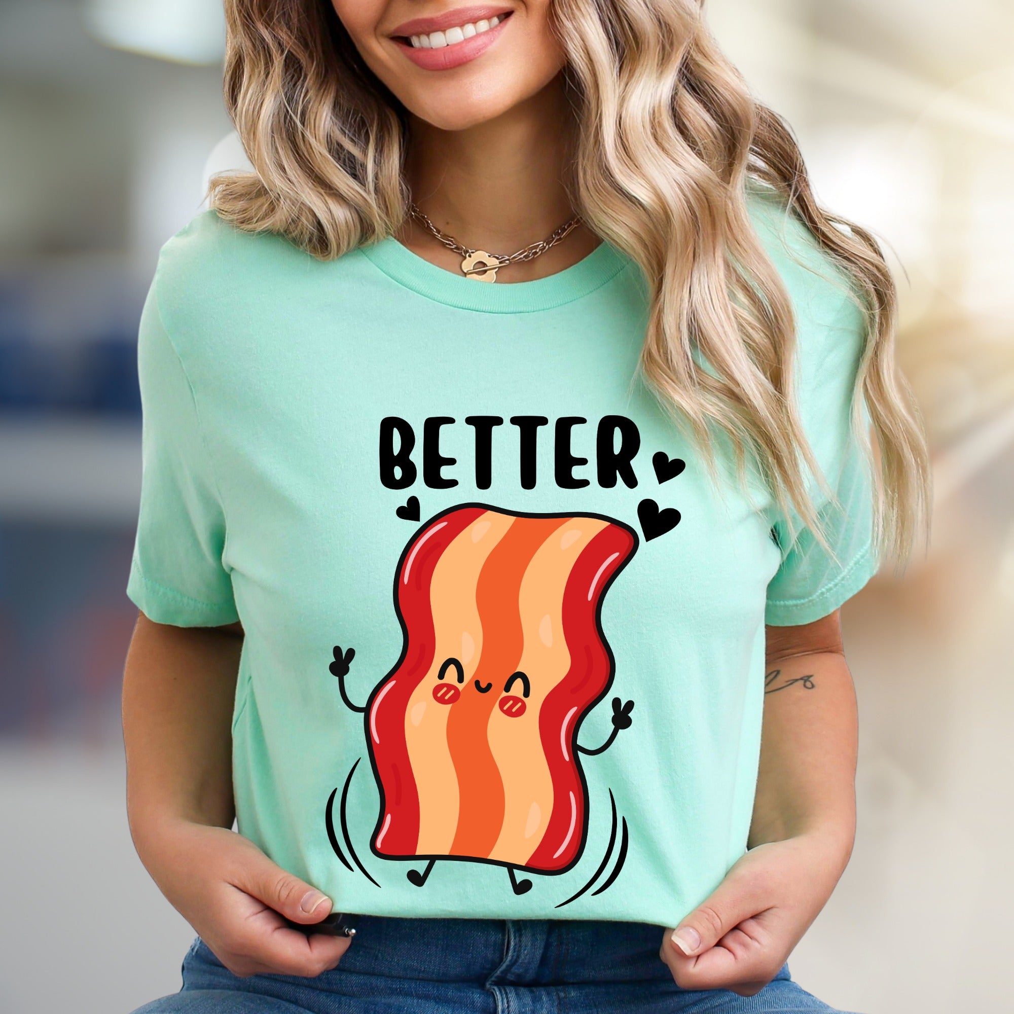 "BETTER" Cute Bacon Jumping Graphic Tee, a Fun Foodie Pick for Couples
