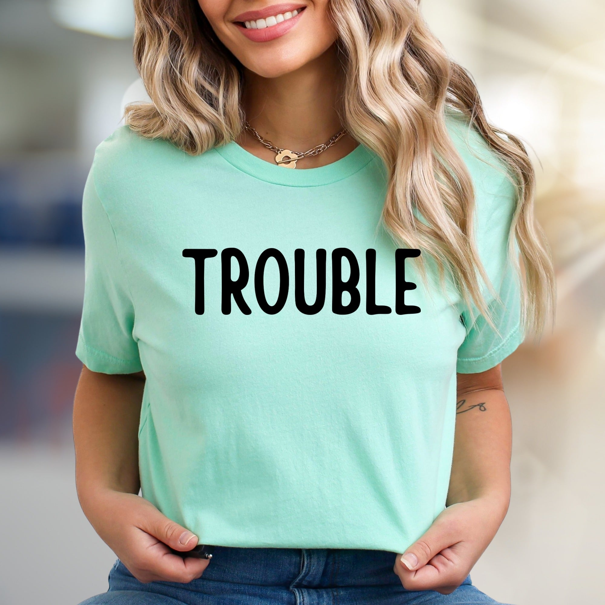 "TROUBLE" Bold Statement Graphic Tee, a Playful Pick for the Confident
