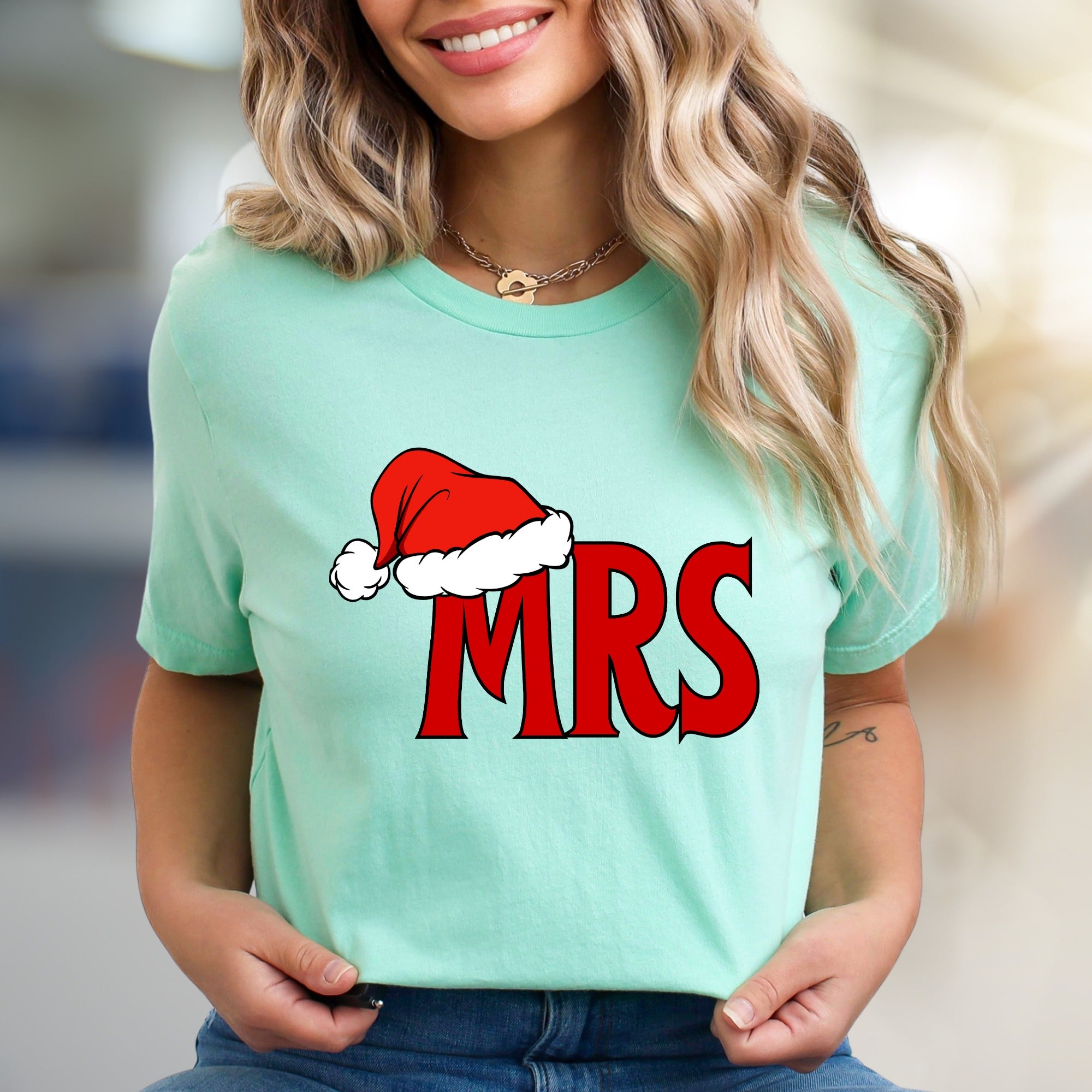 "MRS." with Santa Hat Holiday Graphic Tee, A Festive Couple's Pick for Her