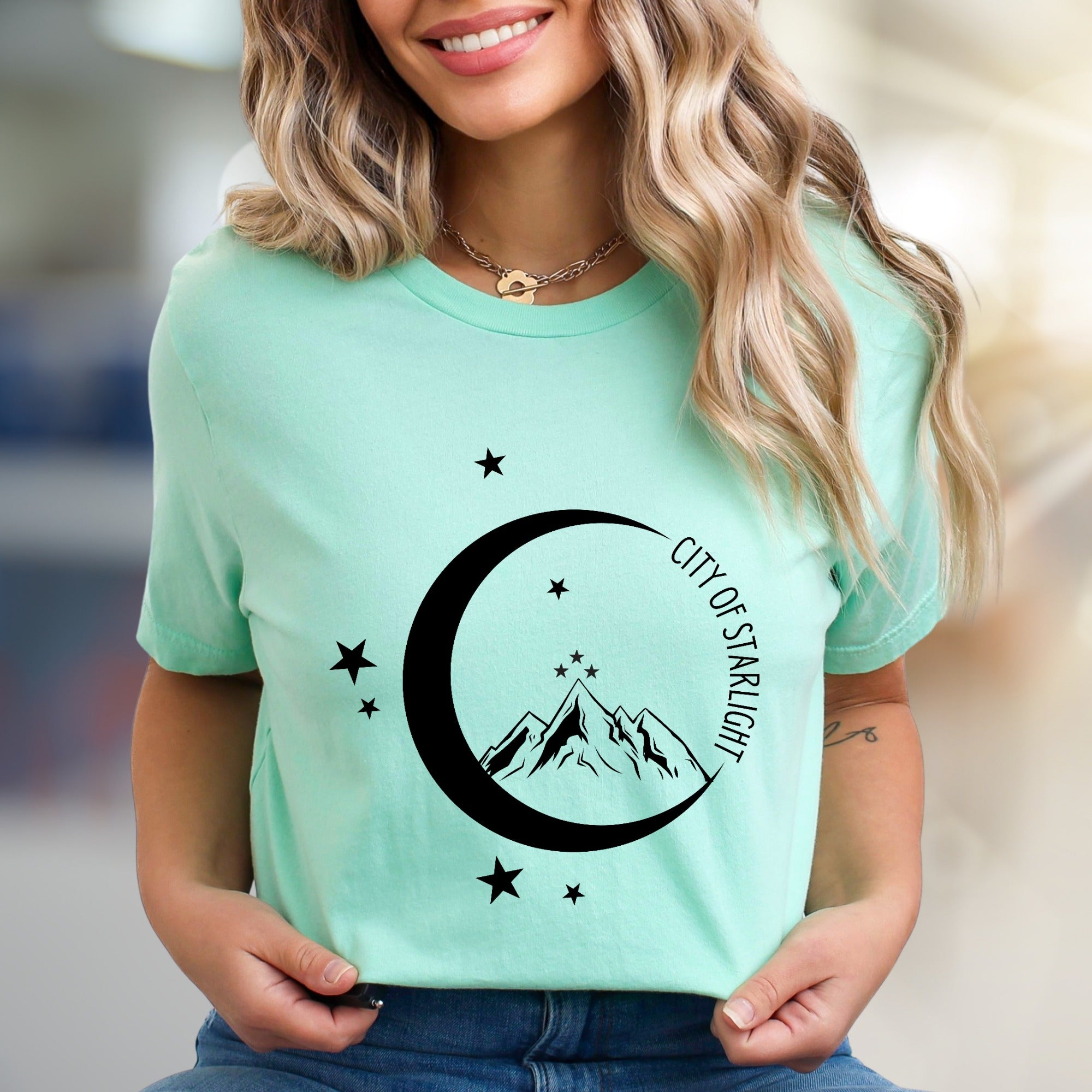 "City of Starlight" Mountain & Moon Graphic Tee, an Celestial Pick for Dreamers