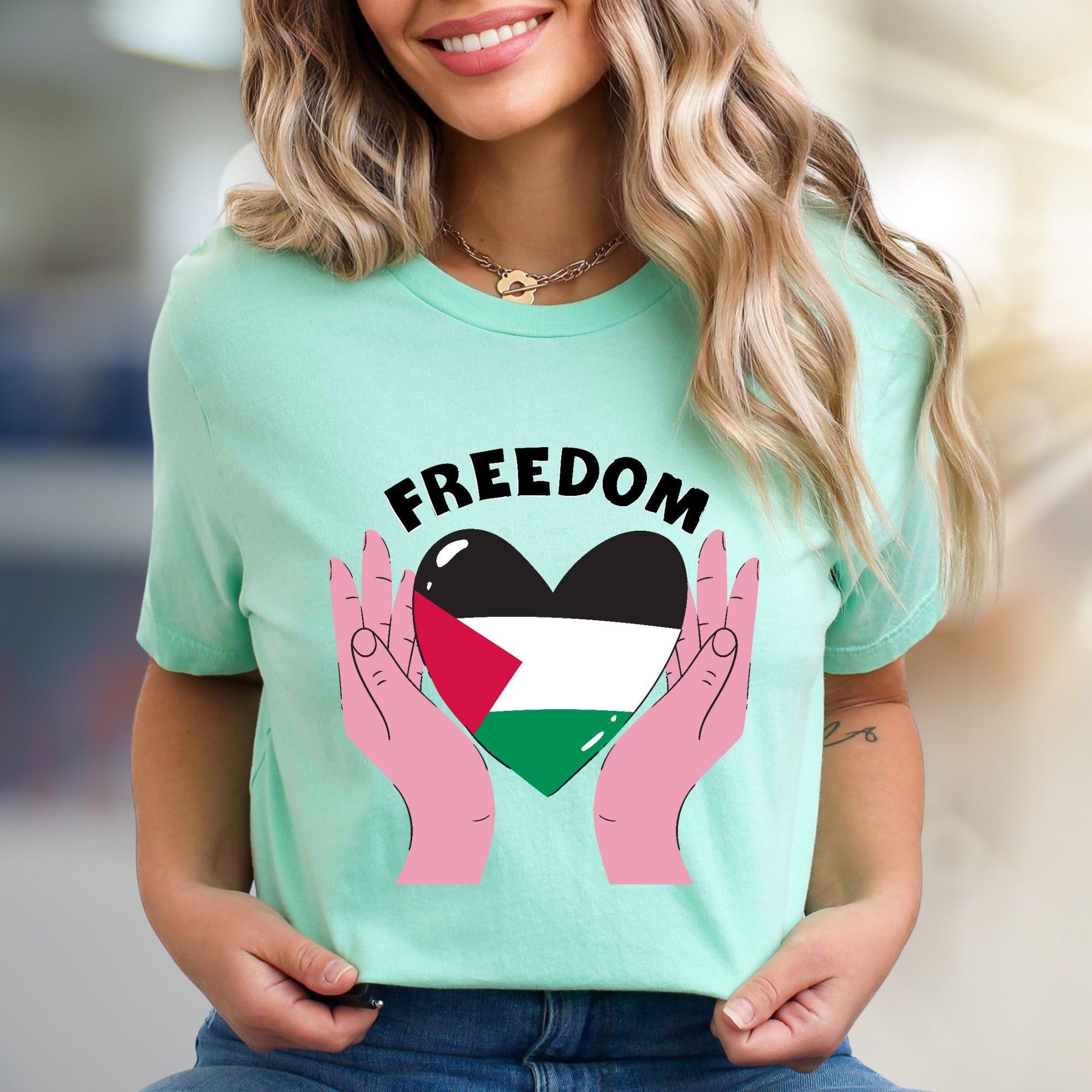 "FREEDOM" Palestine Flag Heart Graphic Tee, a Solidarity Pick for Advocates