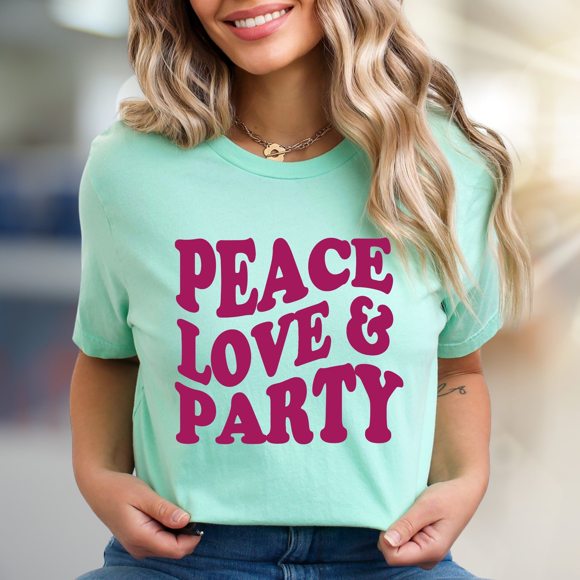 "Peace Love & Party" Groovy Graphic Tee, a Retro-Vibe Pick for Free Spirits