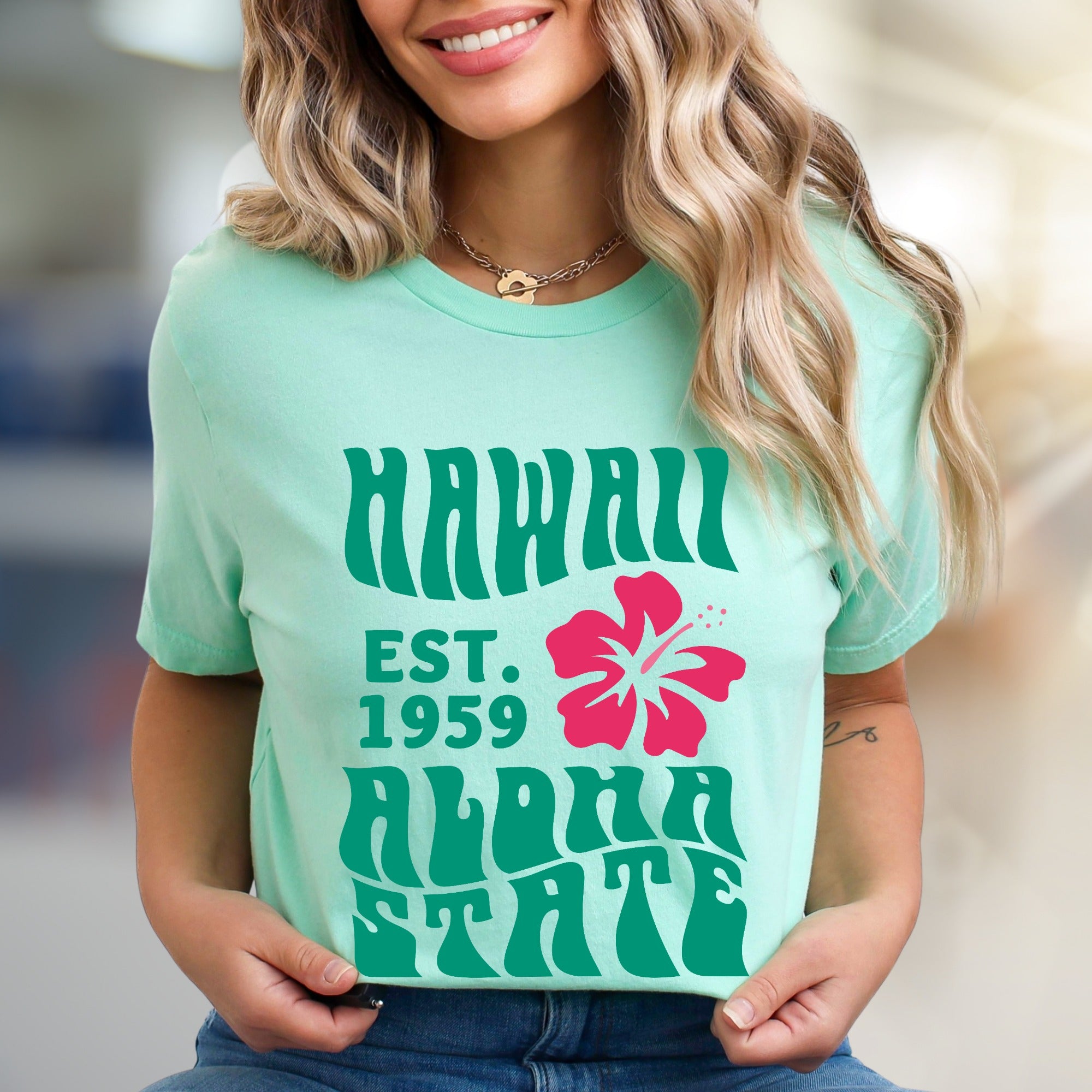 "HAWAII EST. 1959 Aloha State" Retro Beachy Graphic Tee, a Vacation Vibes Pick for Travelers