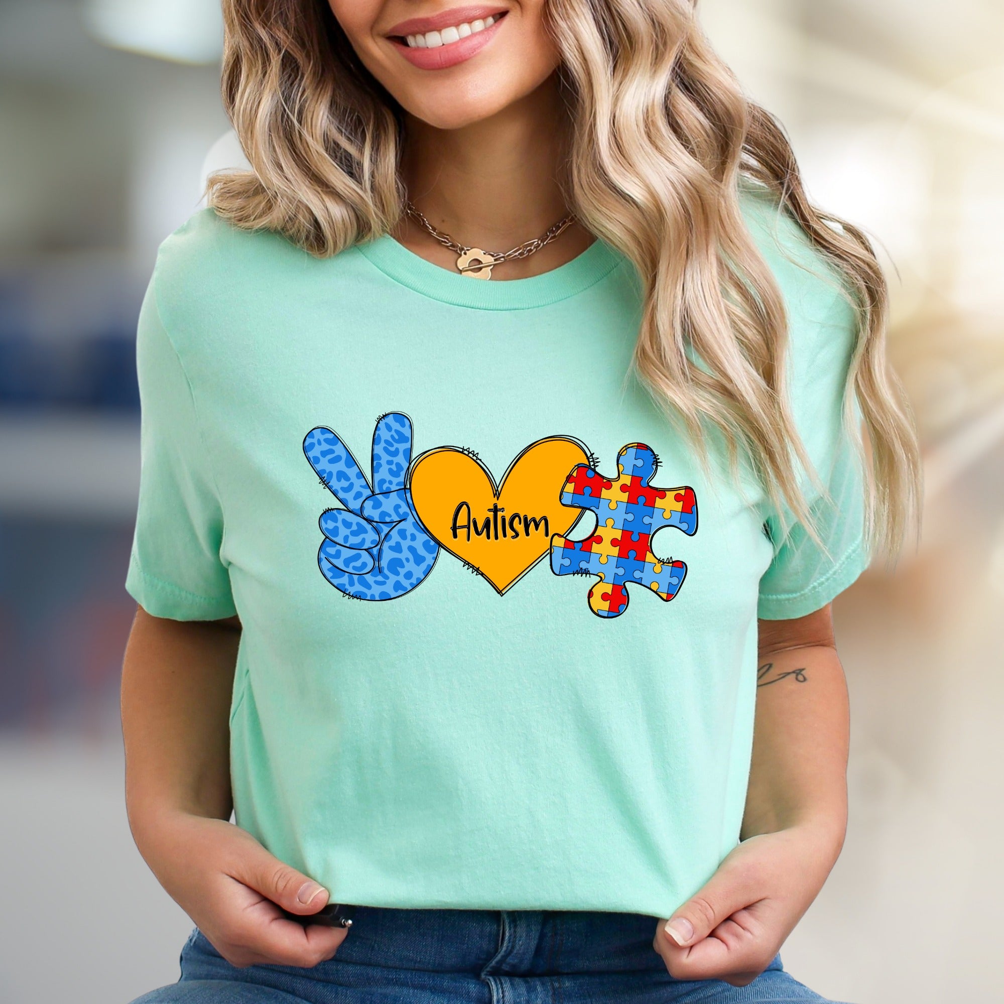 “Autism” Peace, Love & Puzzle Graphic Tee, a Supportive Awareness Pick for Advocates