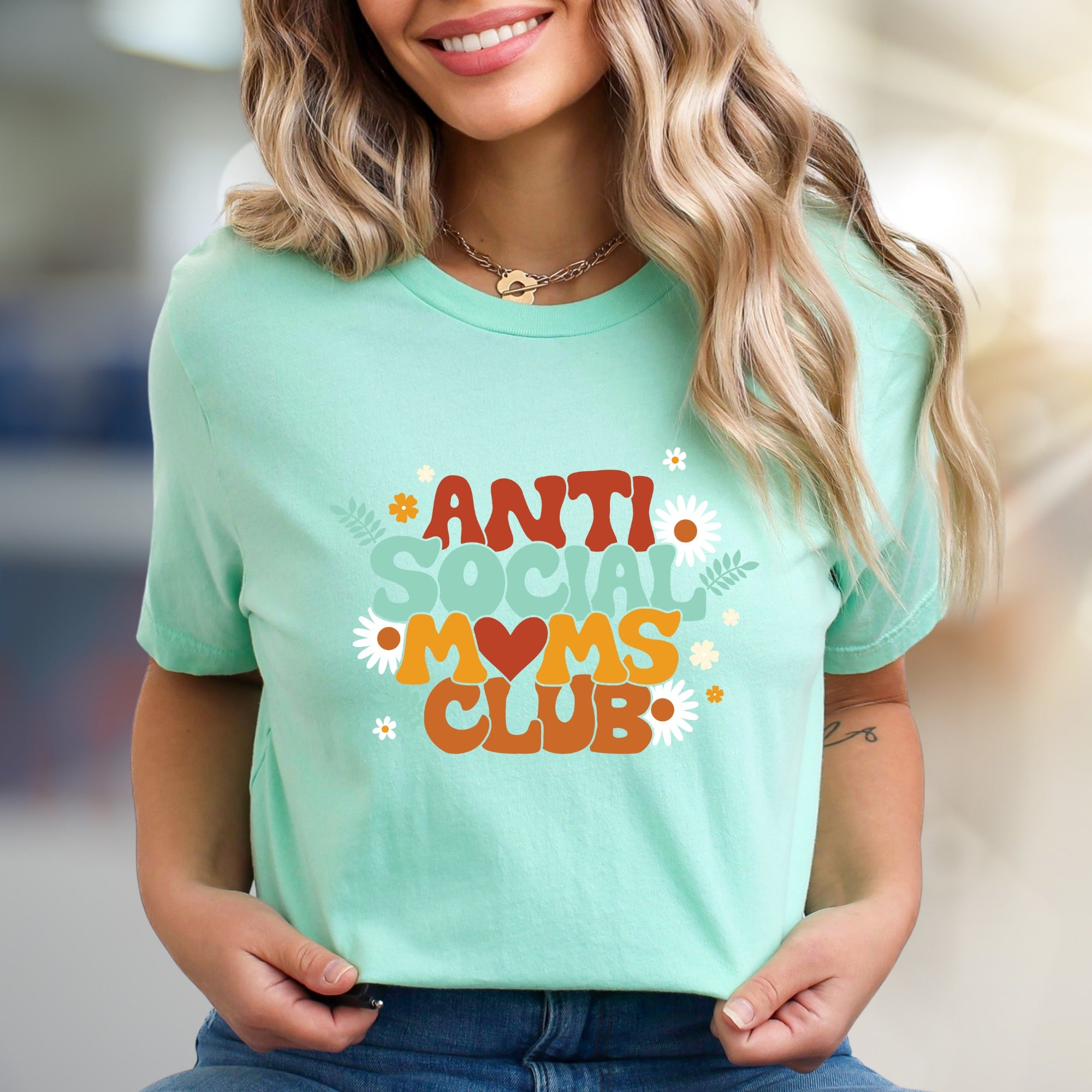 "Anti Social Moms Club" Retro Floral Graphic Tee, a Witty Pick for Modern Mamas