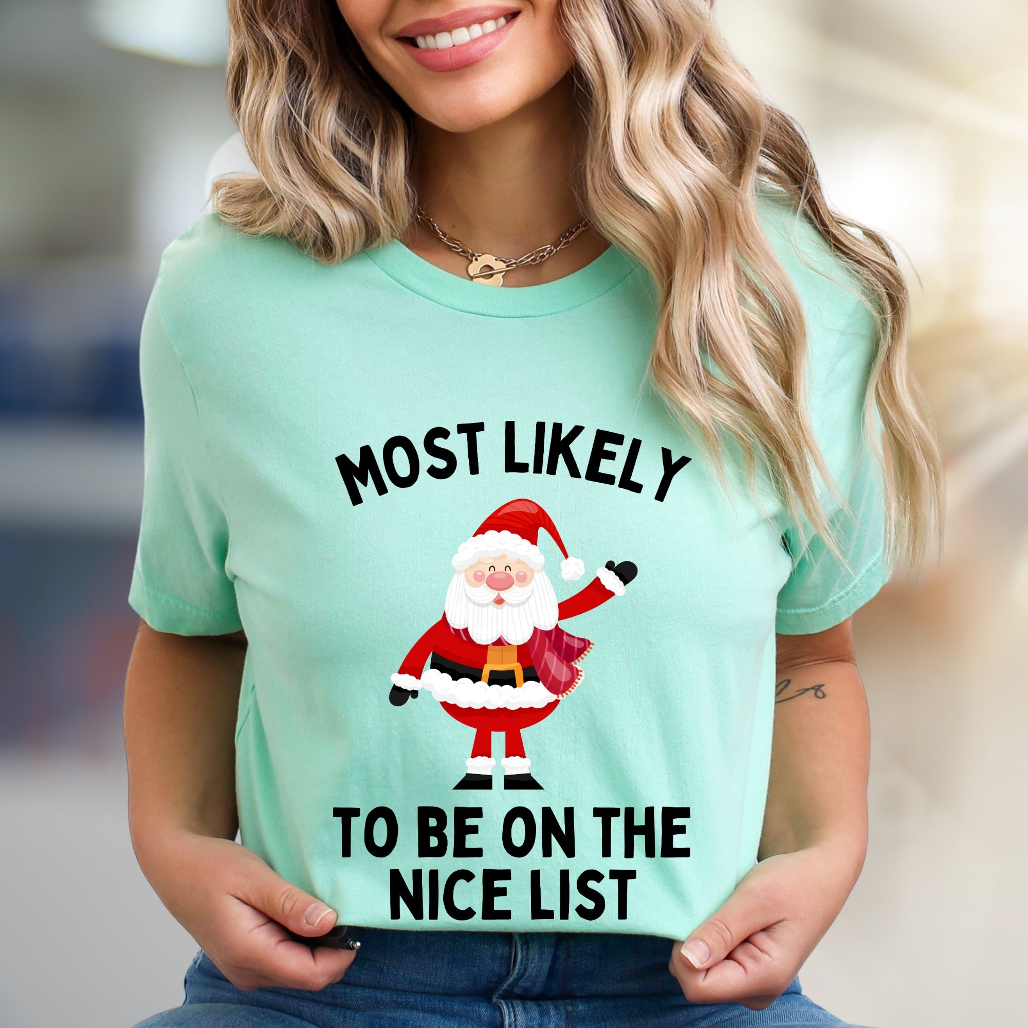 "Most Likely To Be On The Nice List" Jolly Santa Graphic Tee, a Festive Christmas Pick for Holiday Lovers