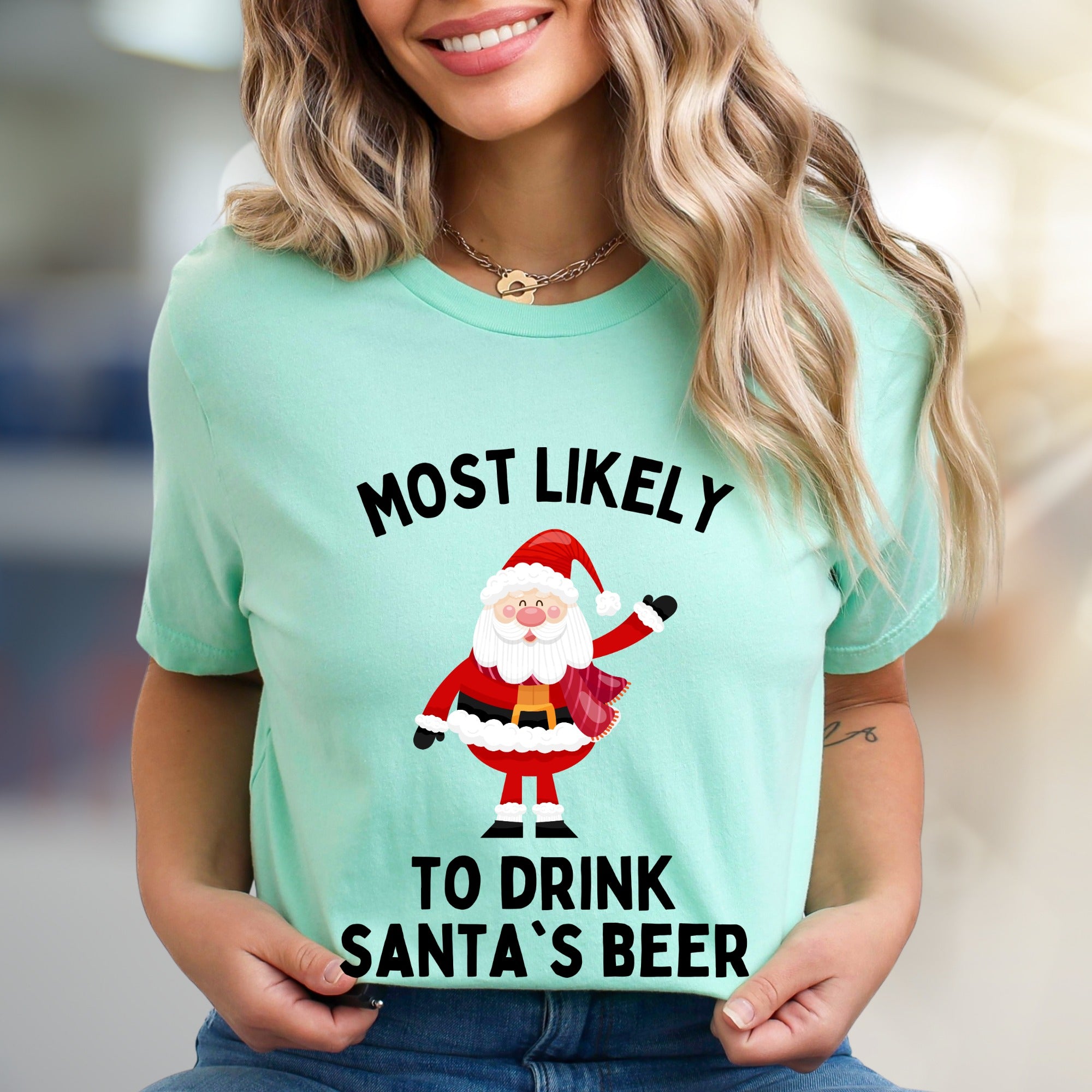Most Likely To Drink Santa's Beer Funny Christmas Graphic Tee, a Holiday Humor Pick for Festive Adults
