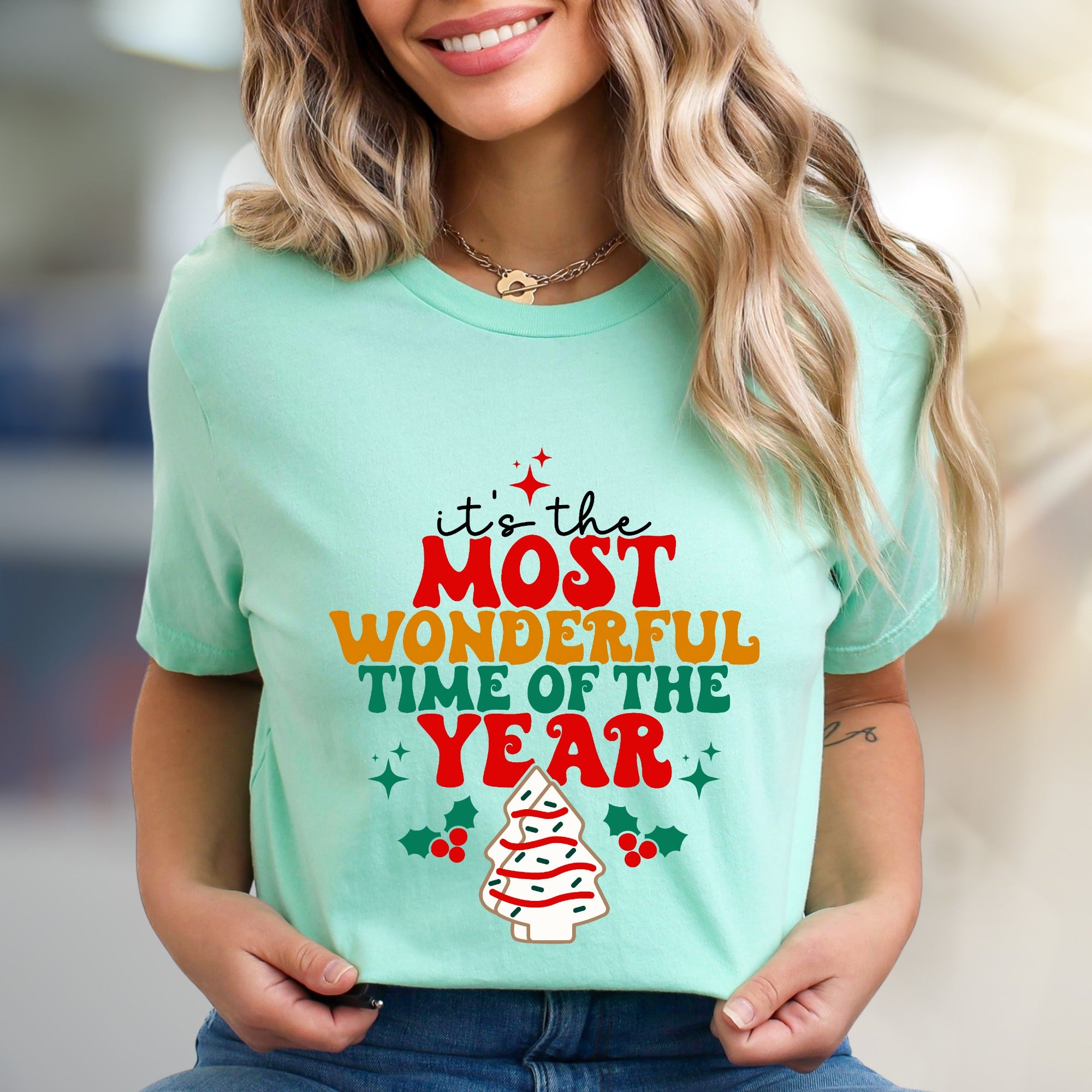 "It's the Most Wonderful Time of the Year" Whimsical Christmas Tree Graphic Tee, a Festive Holiday Pick for Everyone
