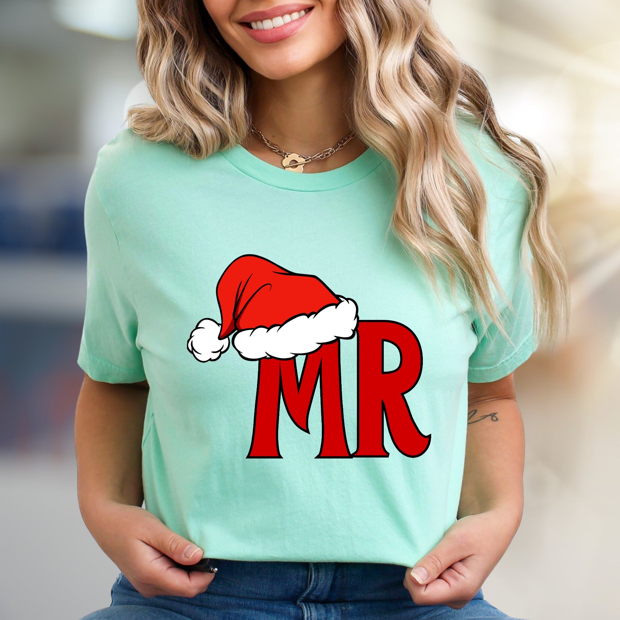 "MR" Santa Hat Christmas Graphic Tee, a Festive Holiday Pick for Couples