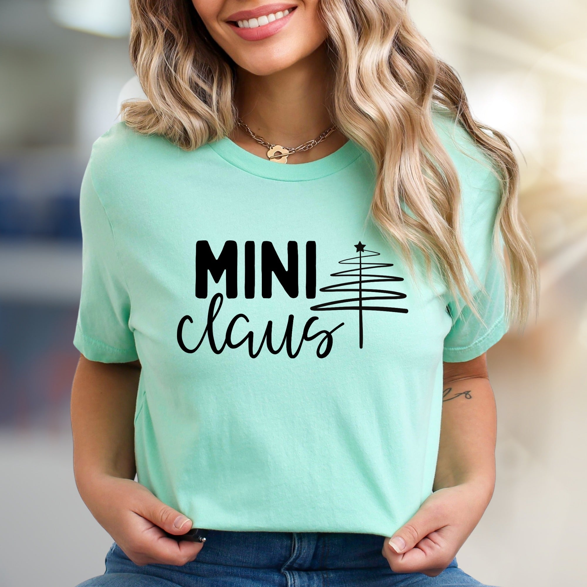 "MINI Claus" Whimsical Christmas Tree Graphic Tee, a Festive Pick for Holiday Enthusiasts