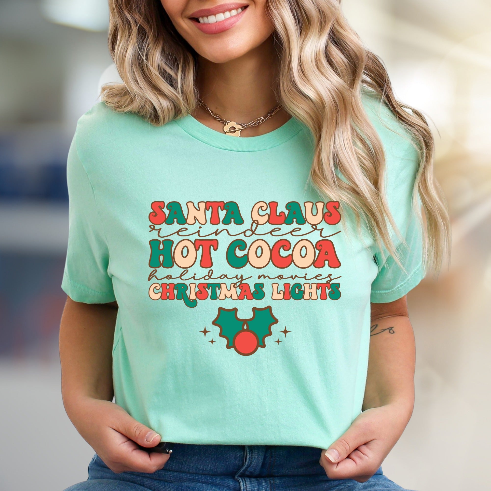 "SANTA CLAUS, REINDEER, HOT COCOA" Retro Christmas Graphic Tee, a Festive Pick for Holiday Lovers