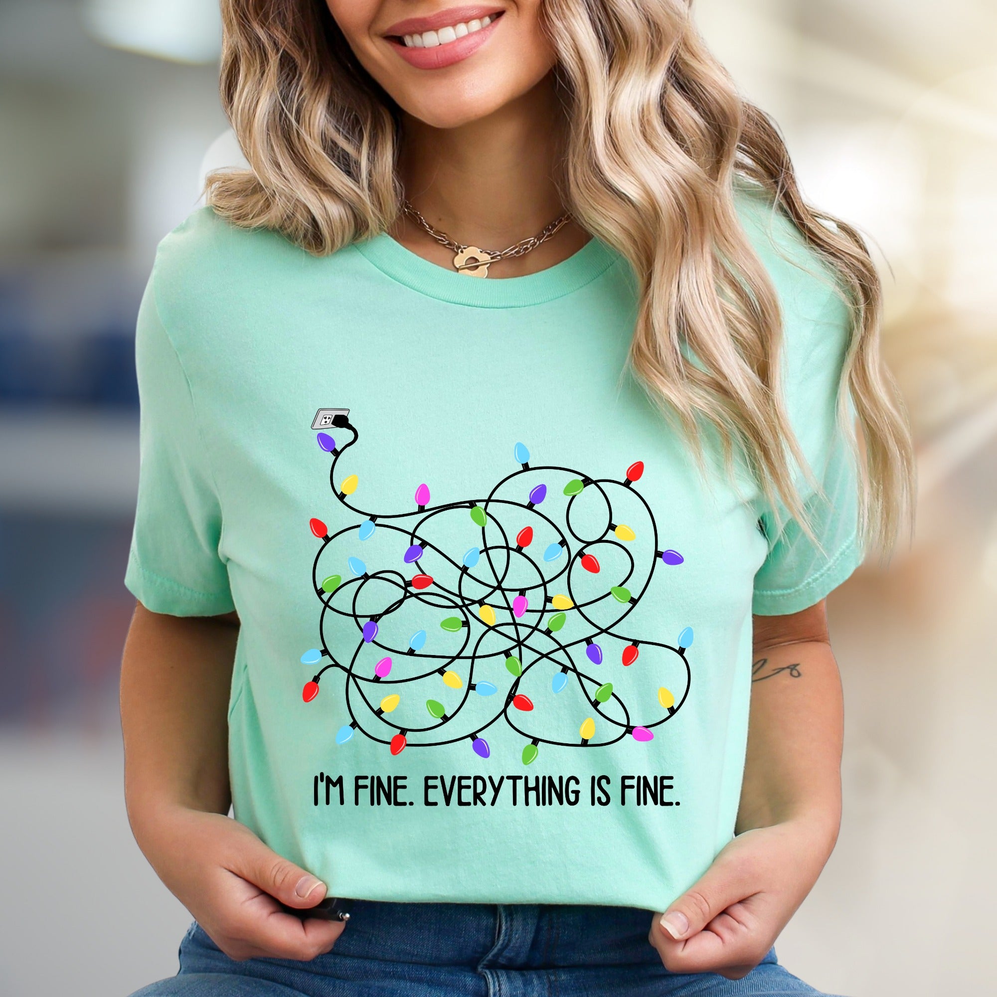 "I'm Fine. Everything Is Fine." Tangled Lights Graphic Tee, a Witty Holiday Pick for Everyone