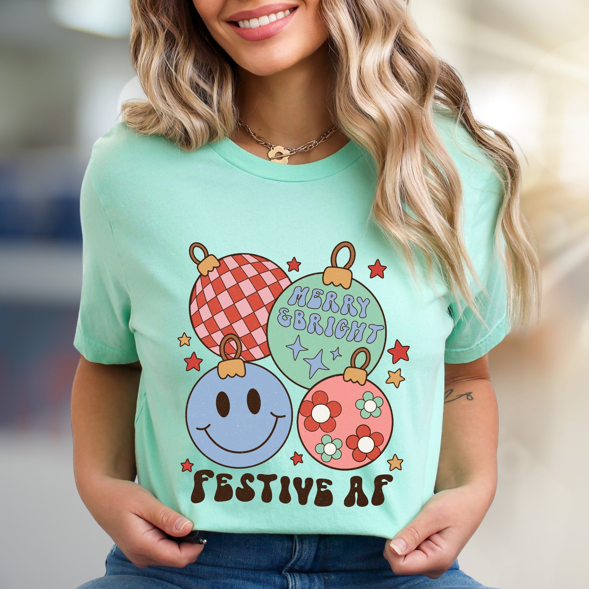 "Festive AF" Retro Holiday Ornaments Tee, a Groovy Christmas Pick for Everyone