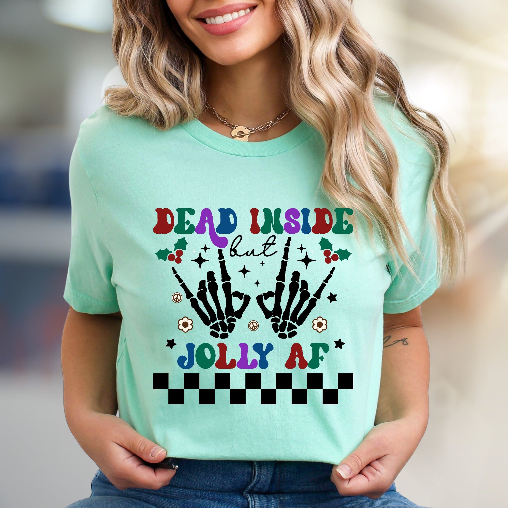 "DEAD INSIDE but JOLLY AF" Festive Skeleton Hands Graphic Tee, a Quirky Holiday Pick for Sarcastic Souls