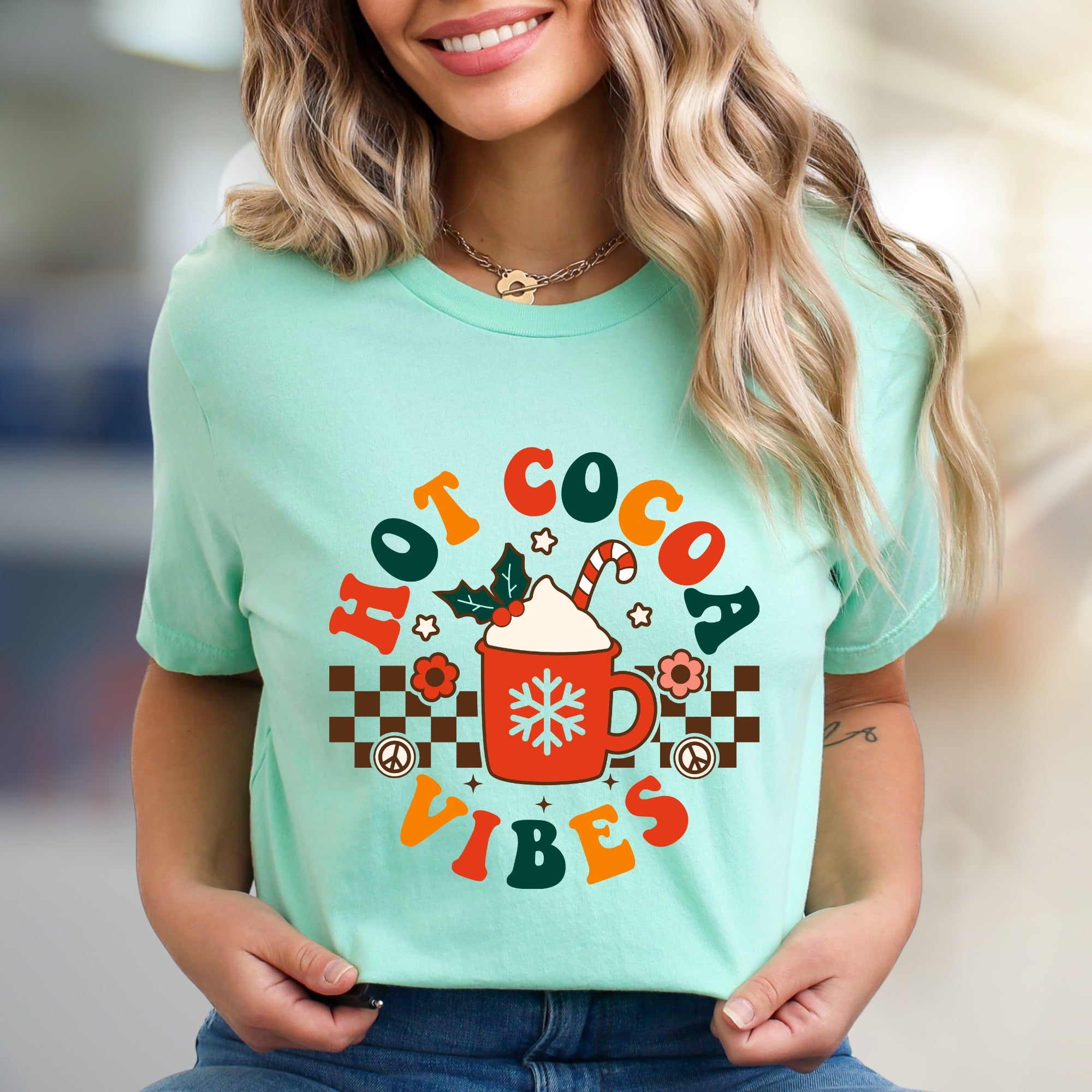 "Hot Cocoa Vibes" Retro Graphic Tee, a Whimsical Pick for Winter Lovers