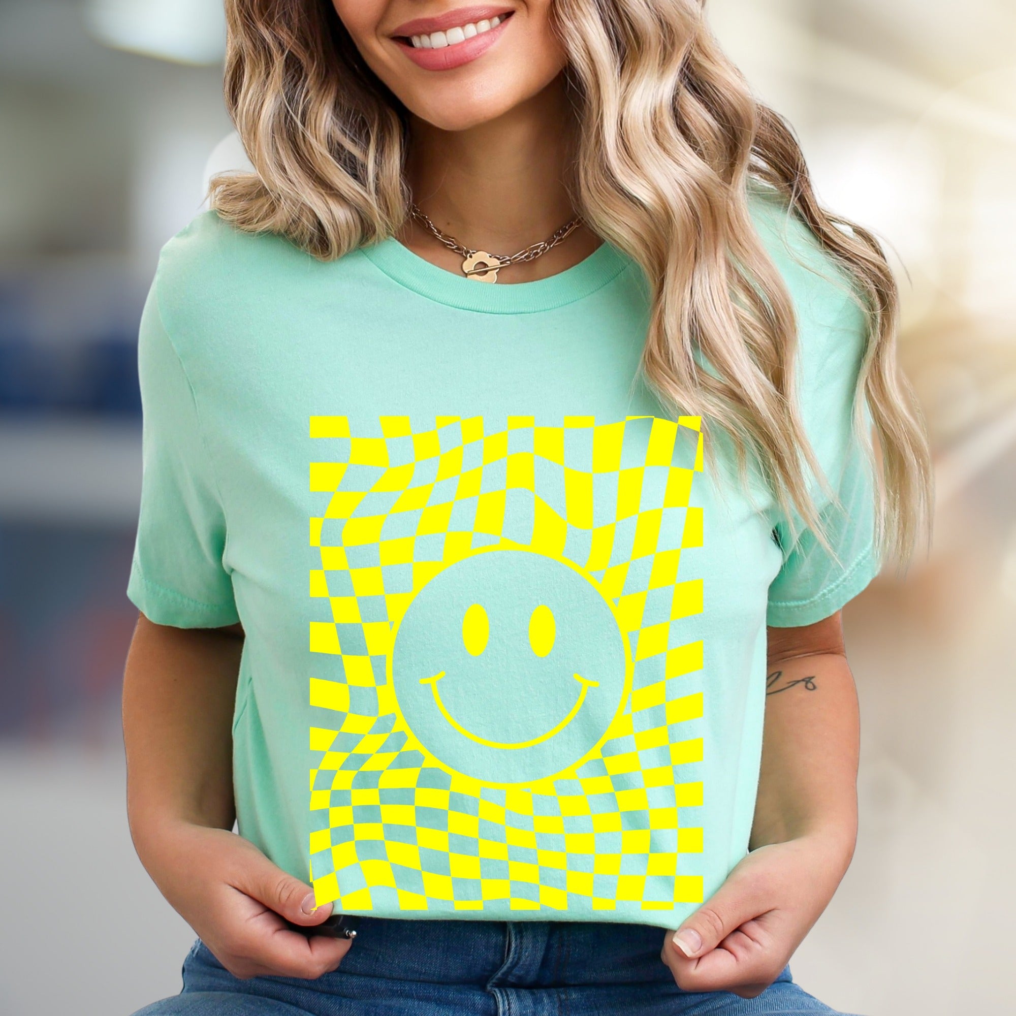 Warped Checkerboard Smiley Graphic Tee, A Retro-Inspired Pick for Free Spirits