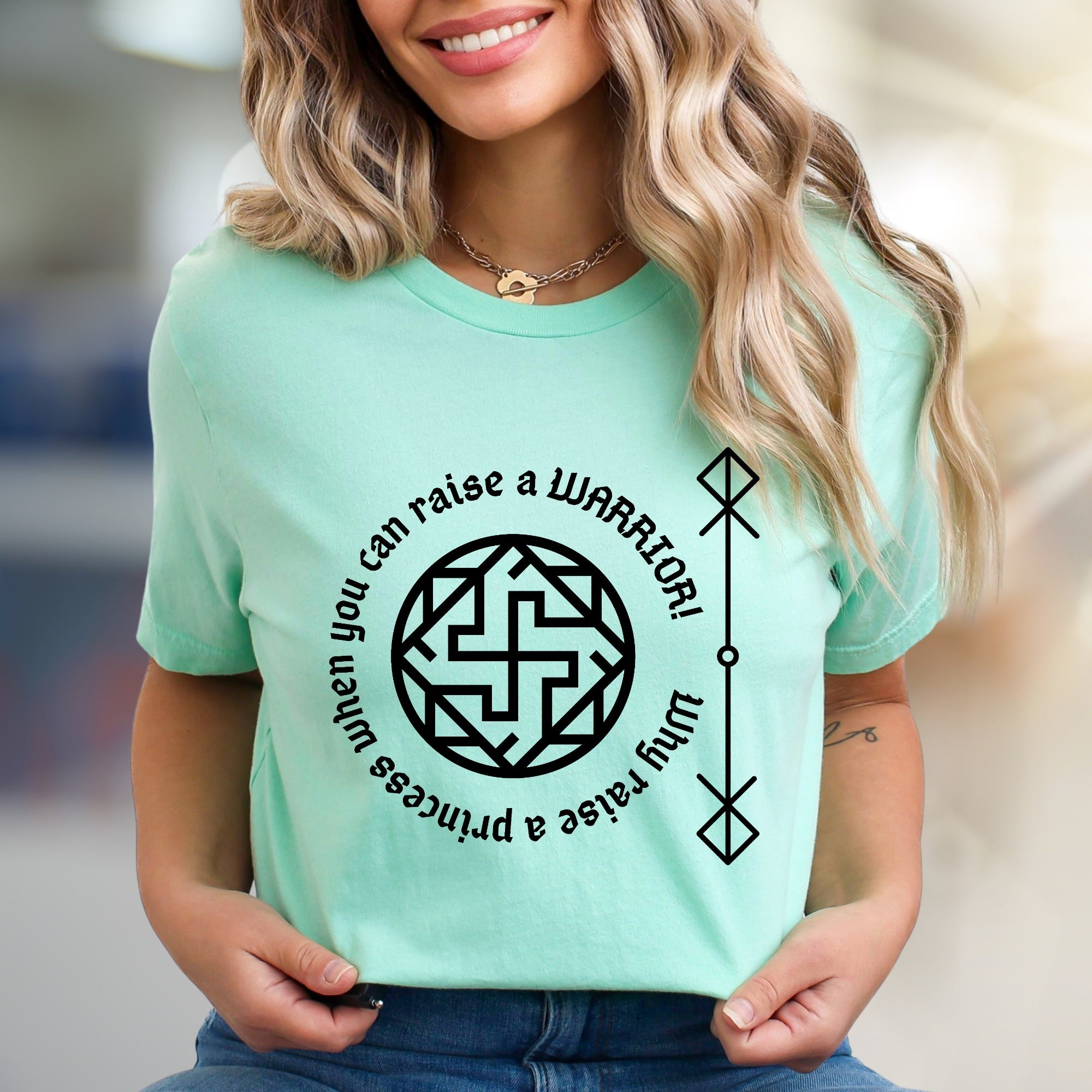 "Rai a Warrior" Empowering Rune Circle Graphic Tee, a Bold Statement for Modern Women