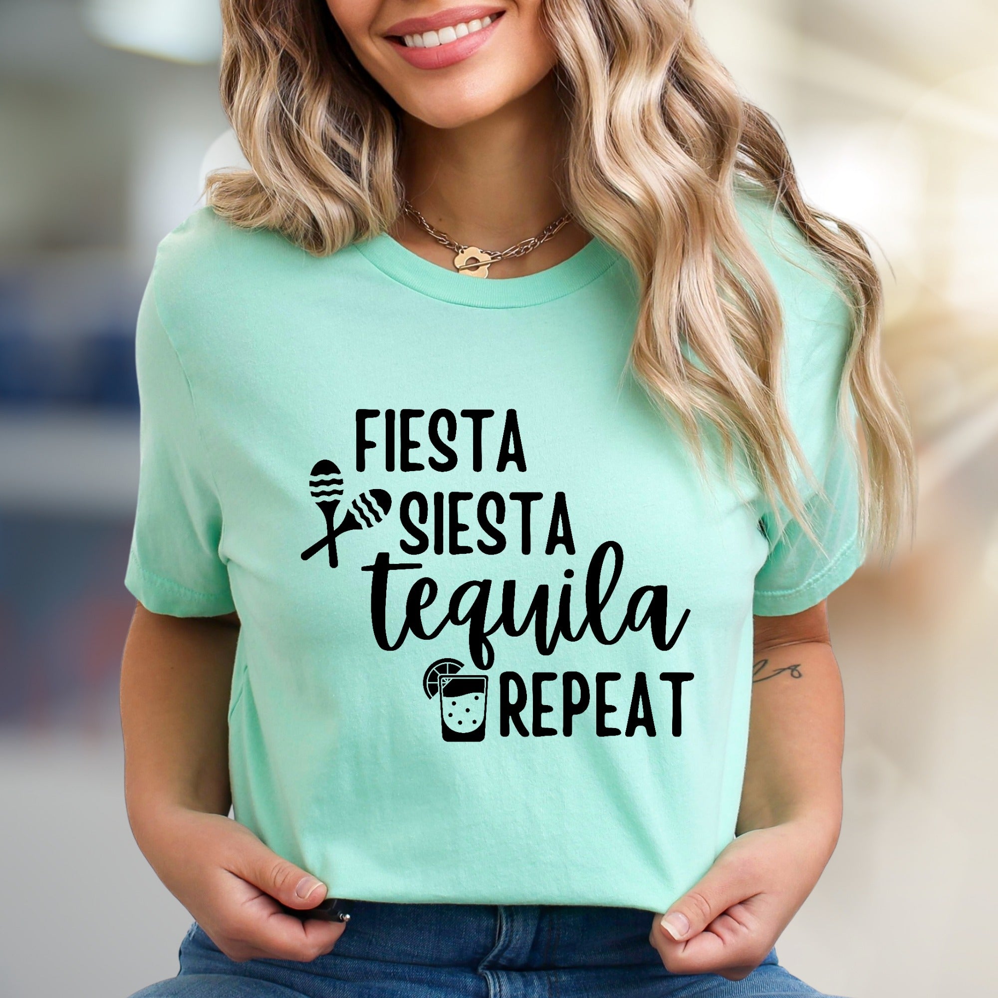 "FIESTA SIESTA TEQUILA REPEAT" Party Vibes Graphic Tee, a Fun Pick for Celebrators
