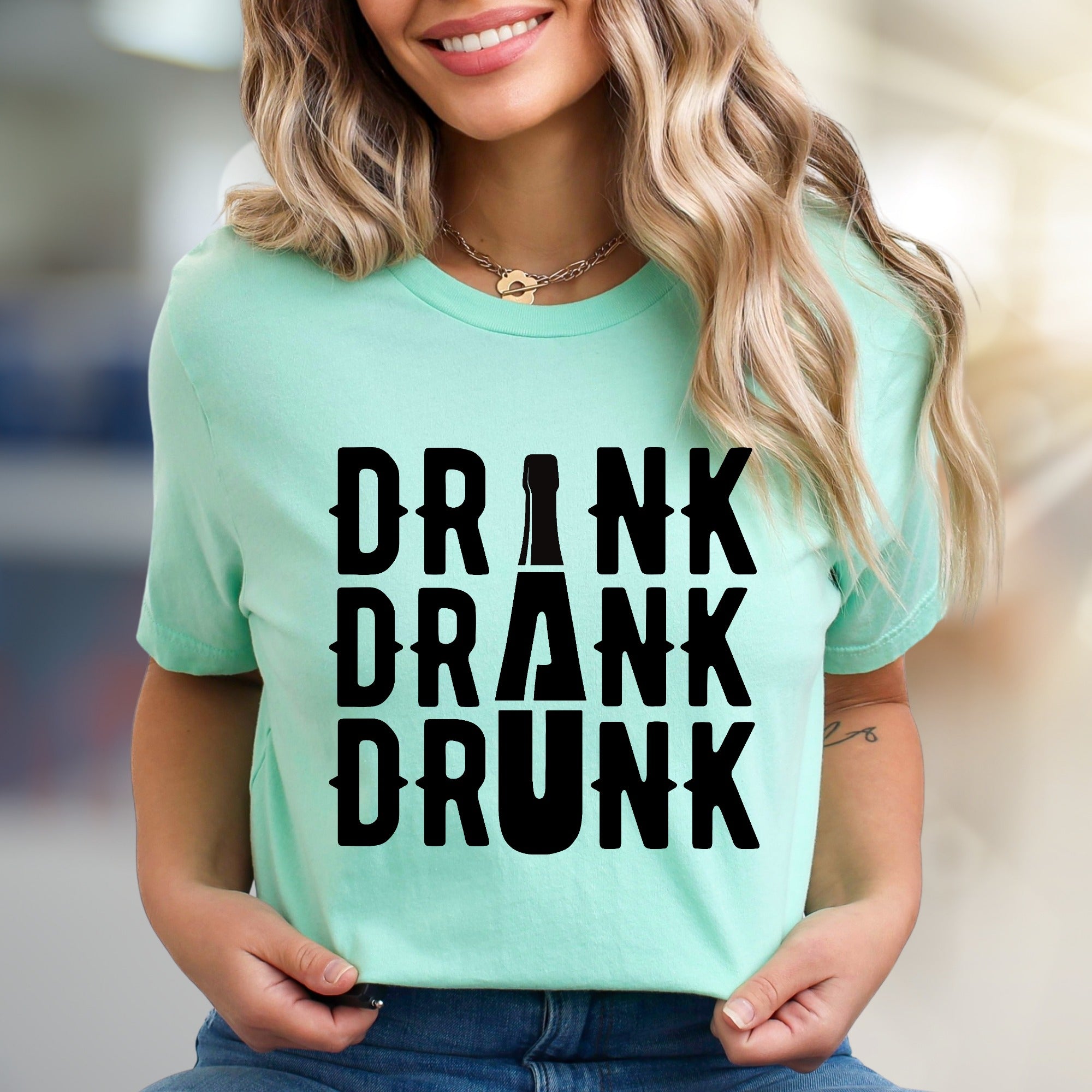"DRINK DRANK DRUNK" Bar Night Graphic Tee, a Funny Party Pick for Revelers