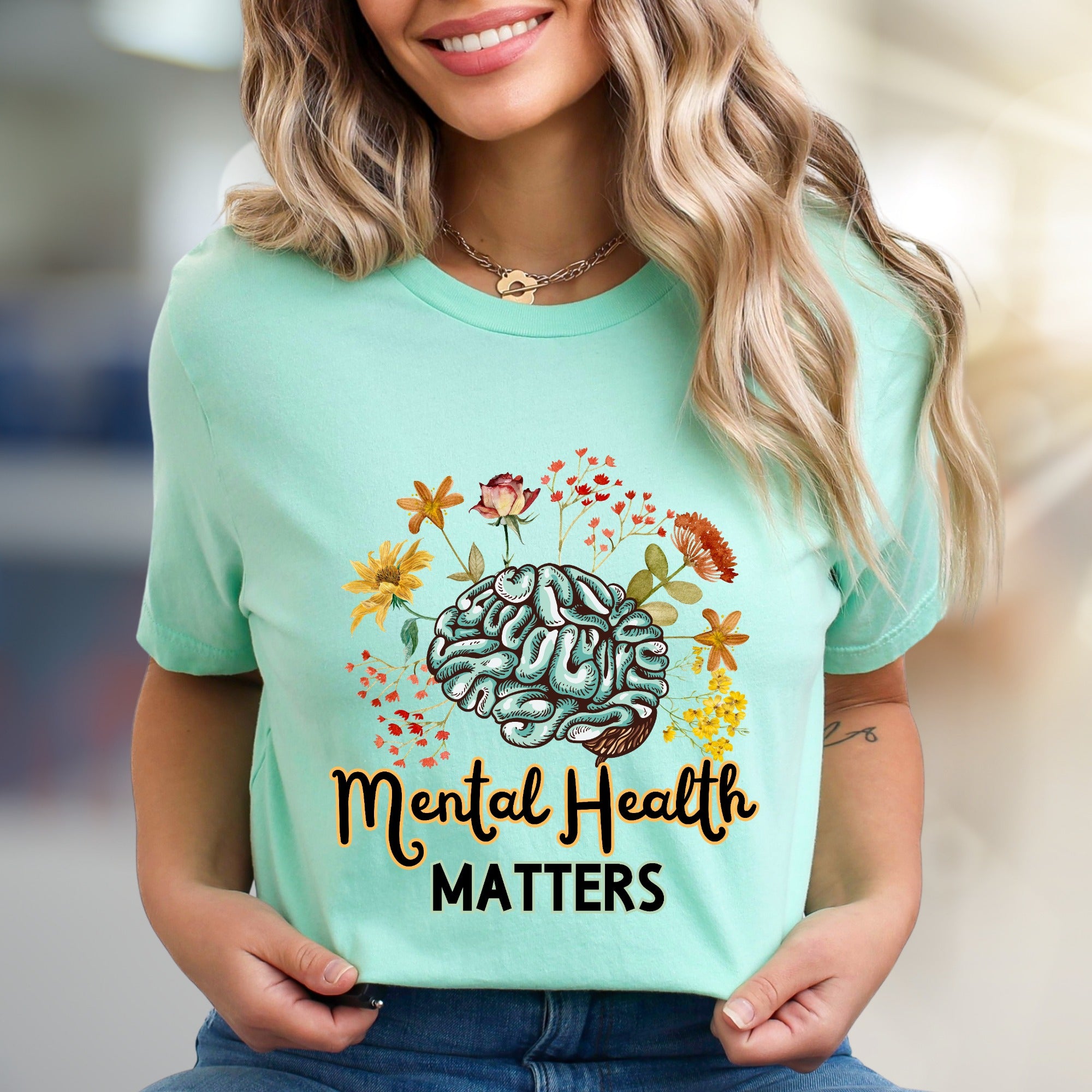 "Mental Health Matters" Floral Brain Graphic Tee, a Wellness Pick for Advocates