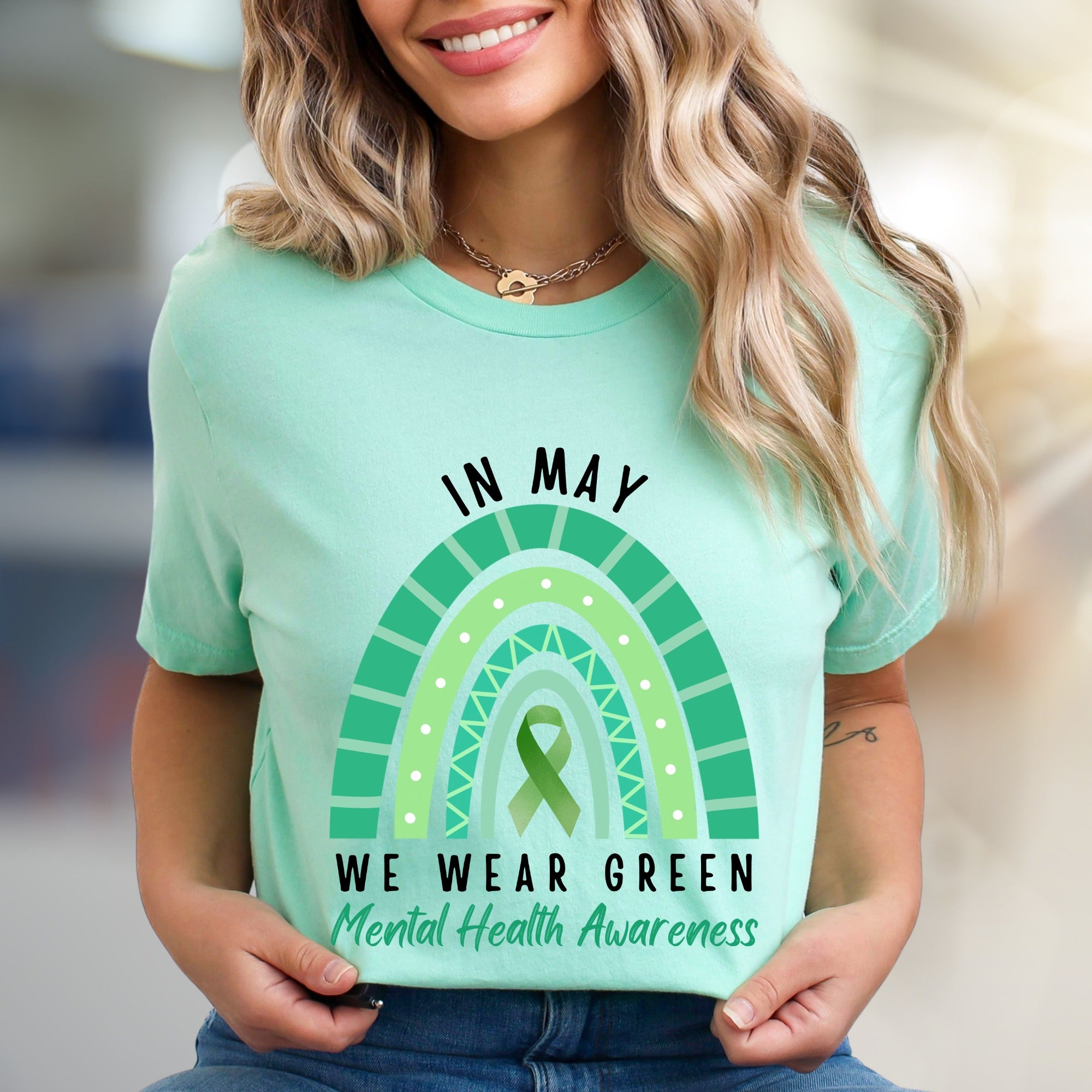 "IN MAY WE WEAR GREEN" Mental Health Awareness Rainbow Graphic Tee, a Supportive Expression for Advocates
