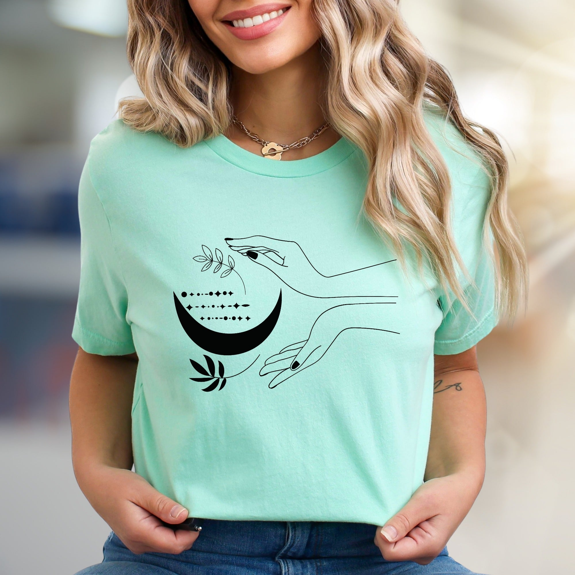 Moonlit Hands & Botanicals Graphic Tee, a Mystical Apparel for Spiritual Souls