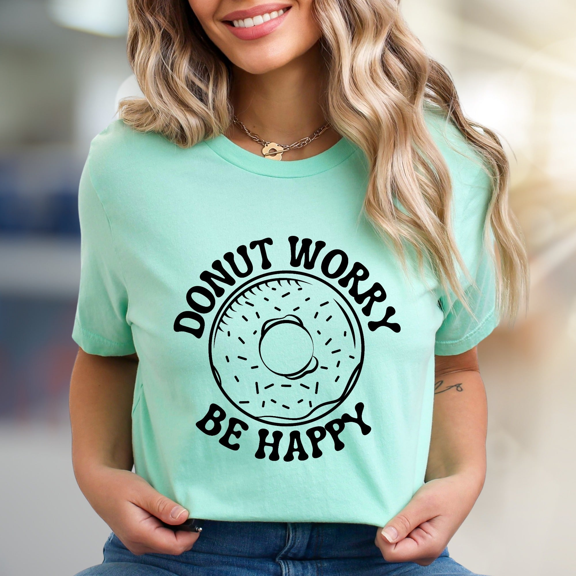 "Donut Worry Be Happy" Donut Graphic Tee, a Sweet Treat Pick for Optimists