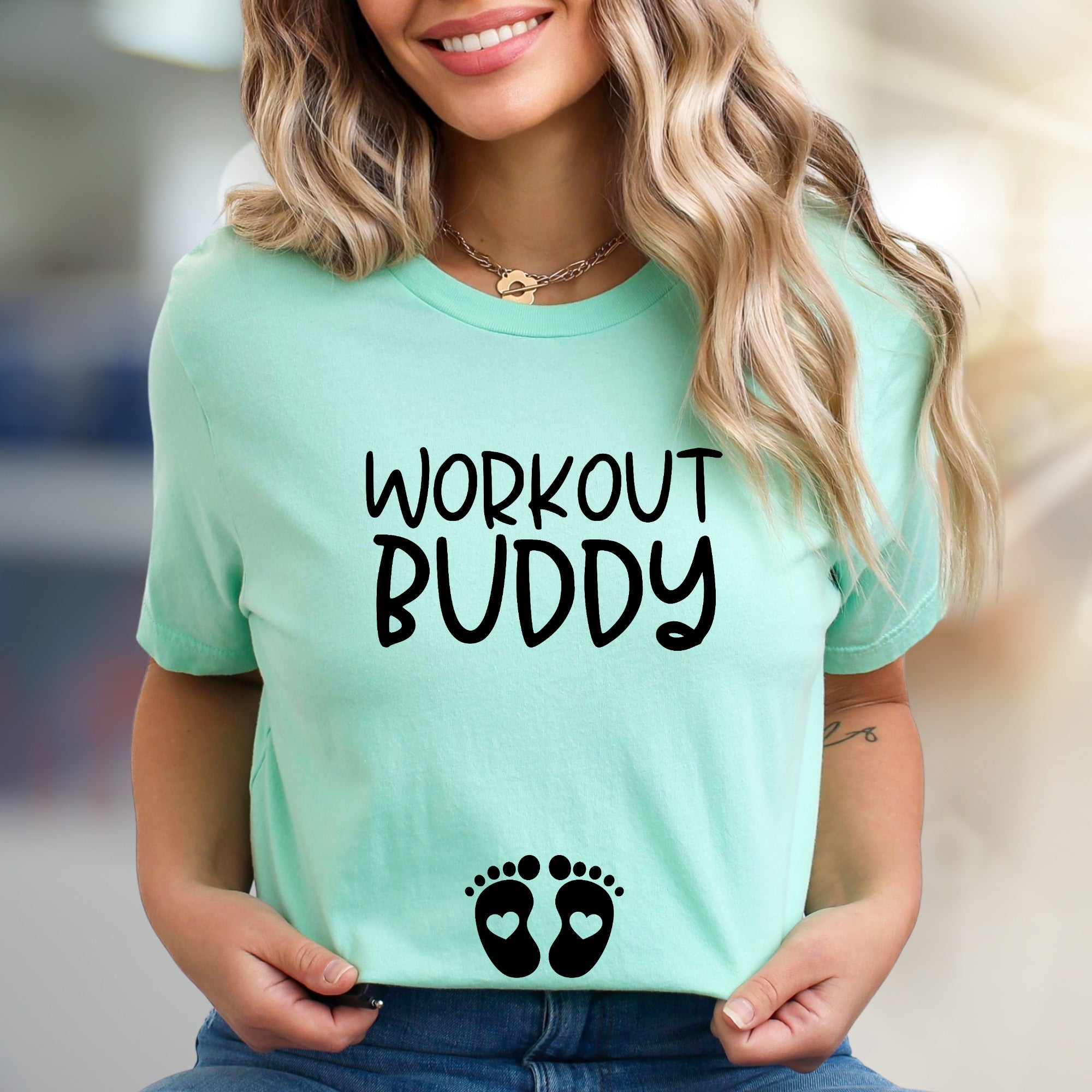 "Workout Buddy" Maternity Graphic Tee, a Pregnancy-Fit Pick for Expecting Moms
