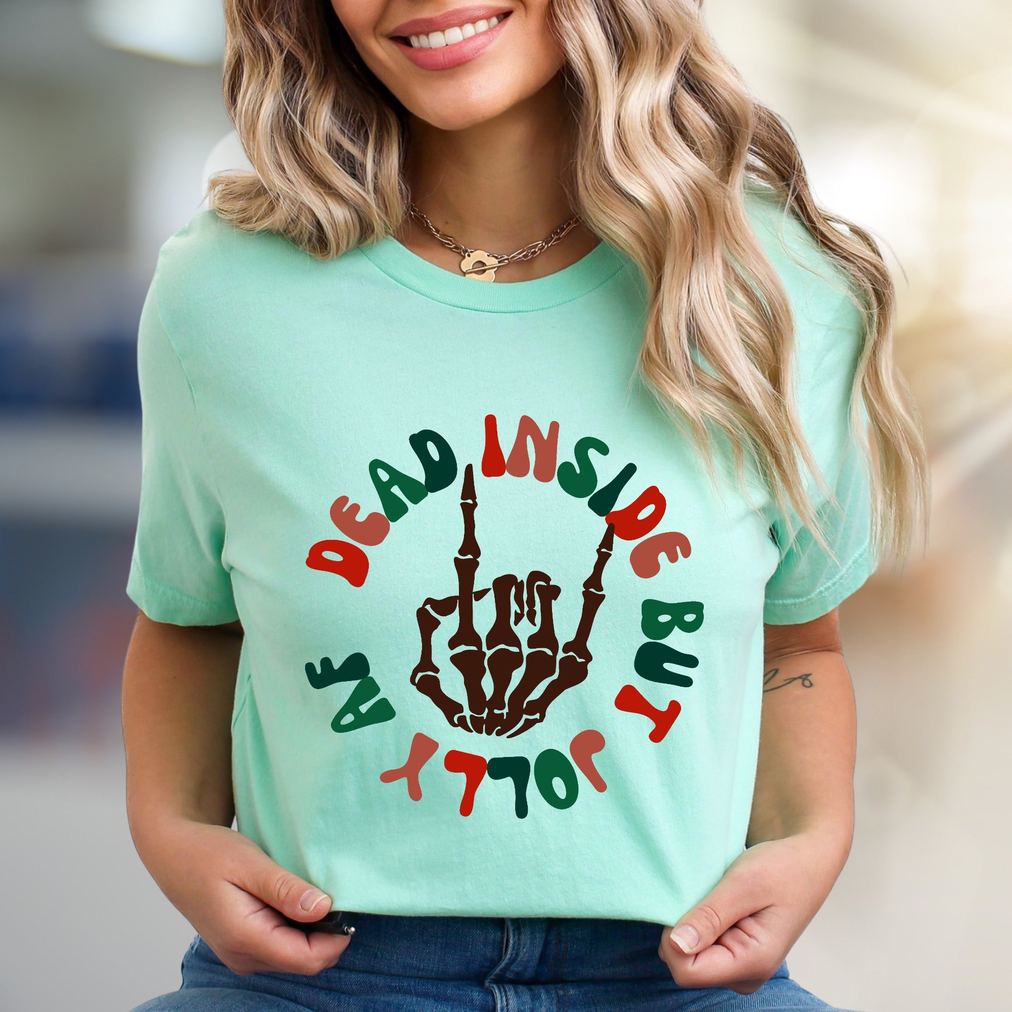 "Dead Inside But Jolly AF" Christmas Skeleton Graphic Tee, a Witty Holiday Pick for Festive Souls