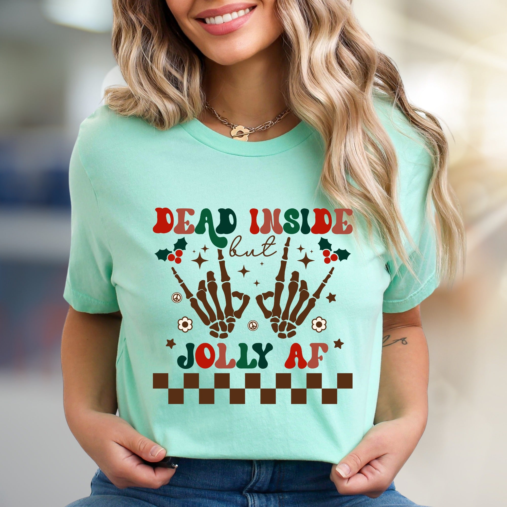 "Dead Inside But Jolly AF" Christmas Skeleton Graphic Tee, A Humorous Holiday Pick for Festive Vibes