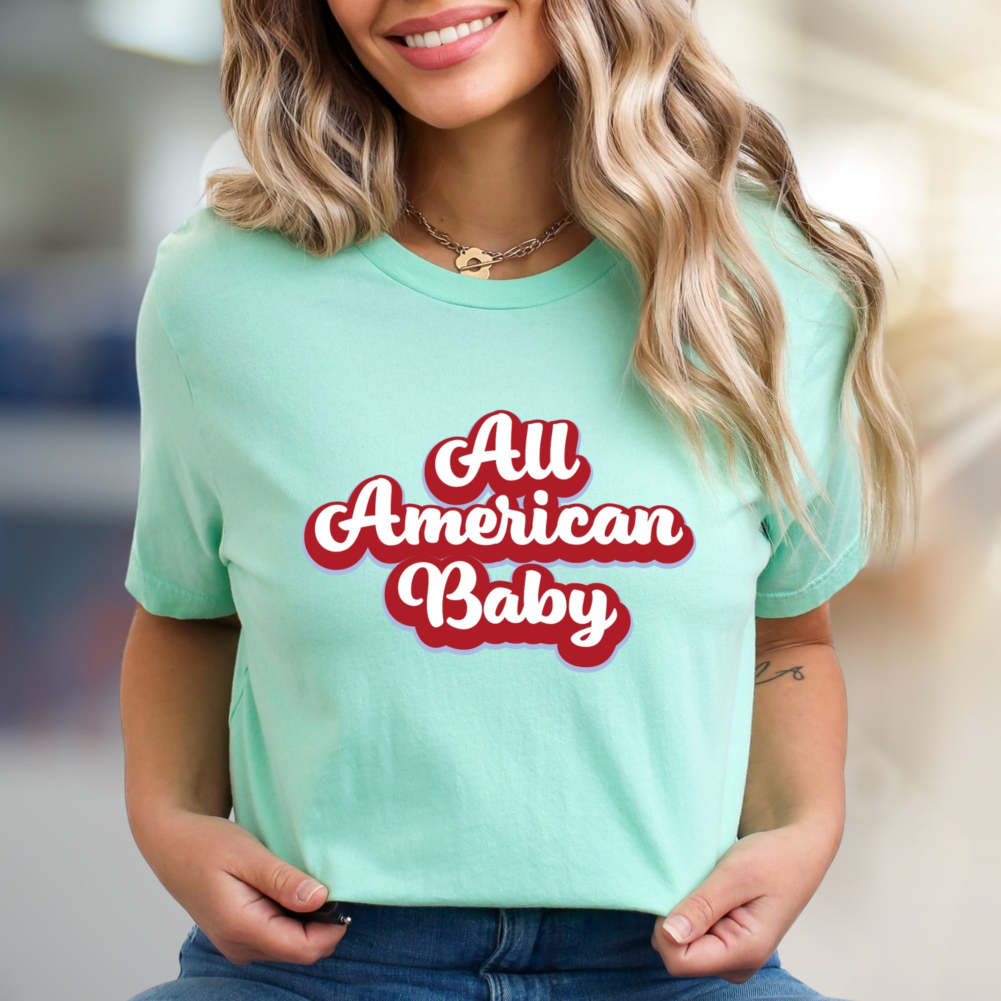 "All American Baby" Retro Graphic Tee, a Patriotic Pick for Her