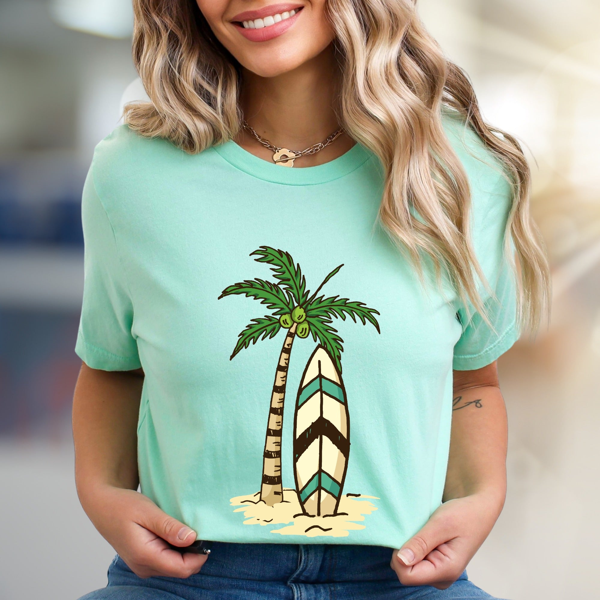 Palm Tree Surfboard Island Zen Graphic Tee, A Tropical Escape for Beach Lovers
