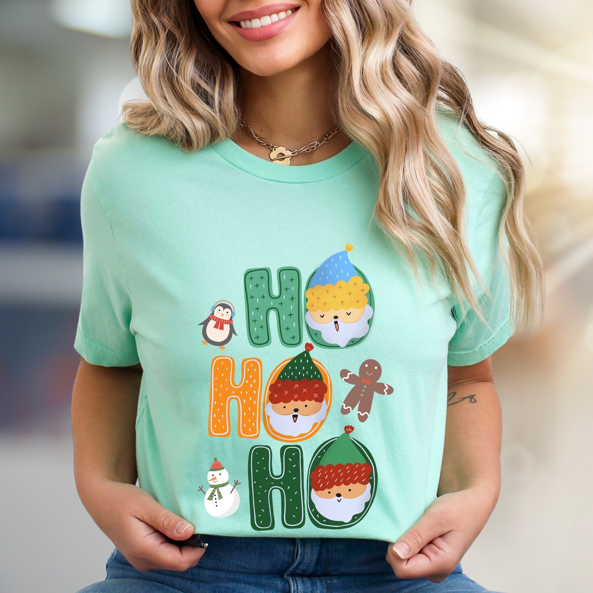 "HO HO HO" Christmas Characters Graphic Tee, a Festive Holiday Pick for Merrymakers