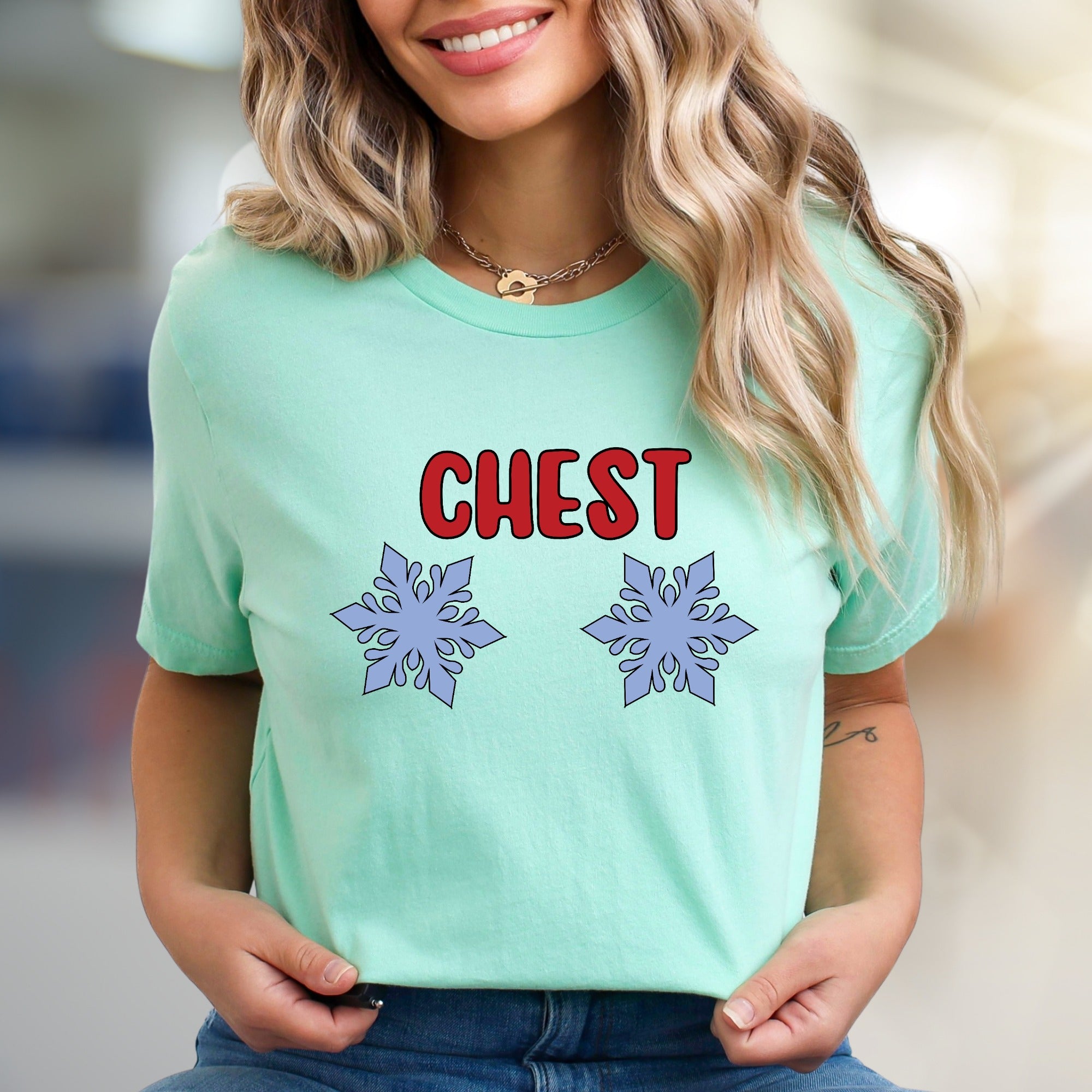 "CHEST" Snowy Snowflake Graphic Tee, a Witty Winter Pick for Fun-Lovers