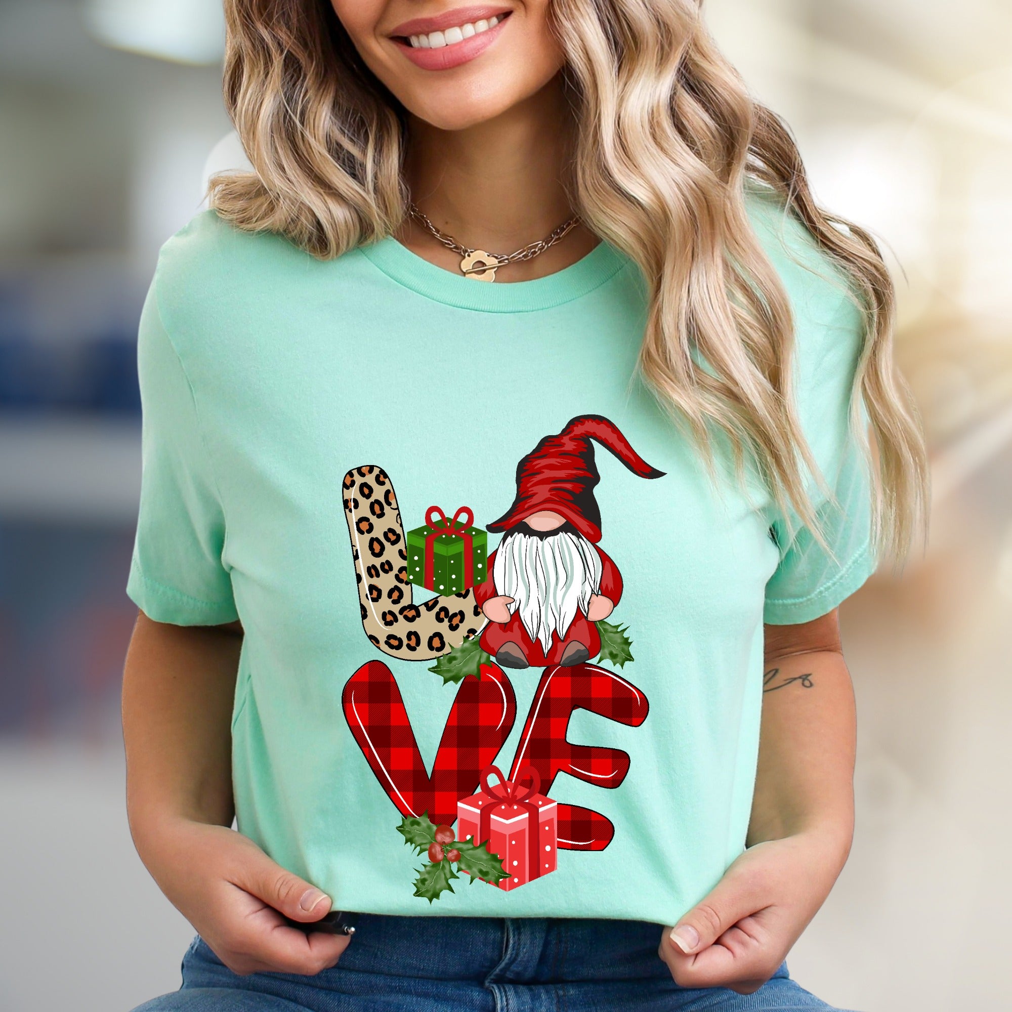 "LOVE" Gnome Leopard Plaid Graphic Tee, a Festive Holiday Gift for Her