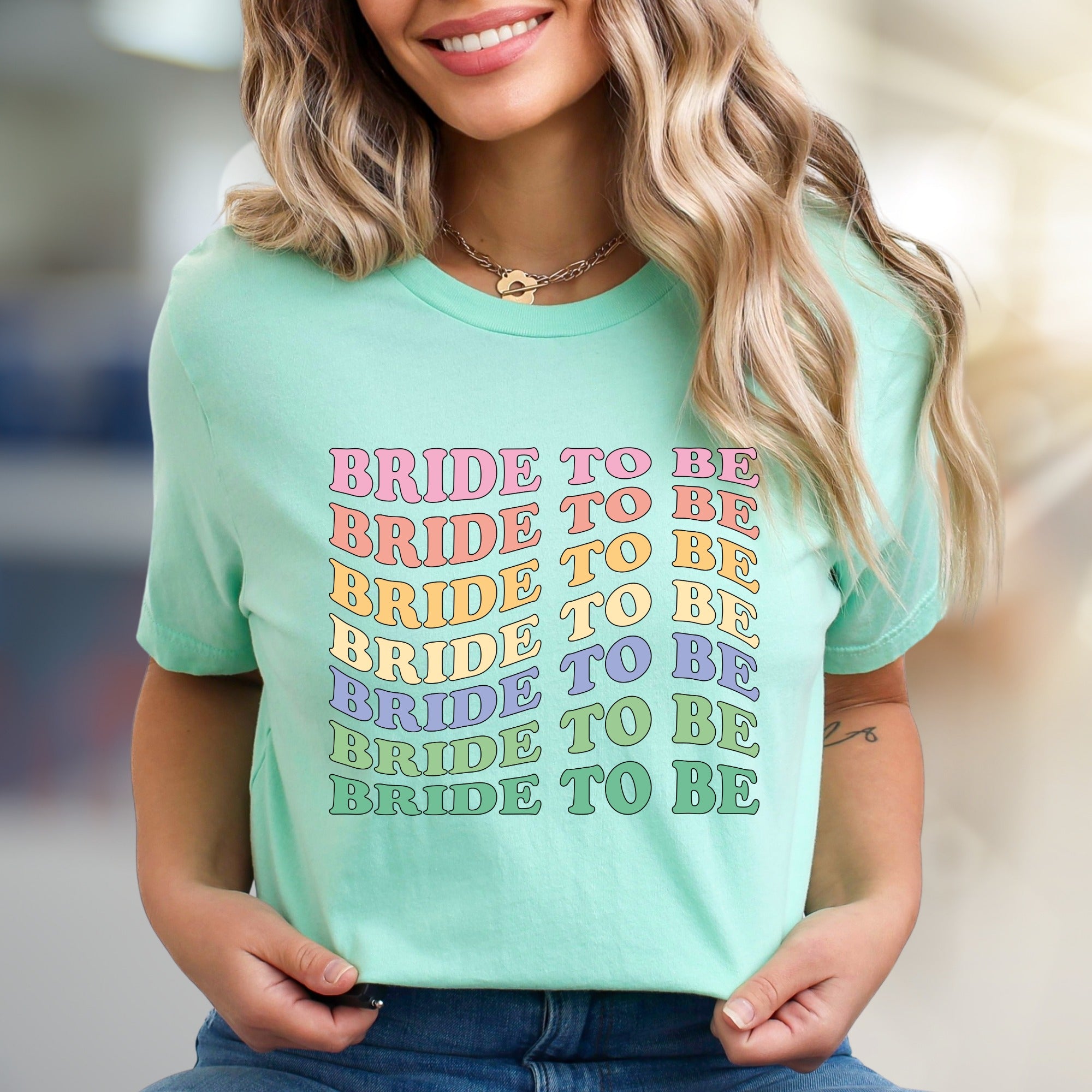 "BRIDE TO BE" Retro Rainbow Graphic Tee, a Bridal Celebration Pick for Future Wives