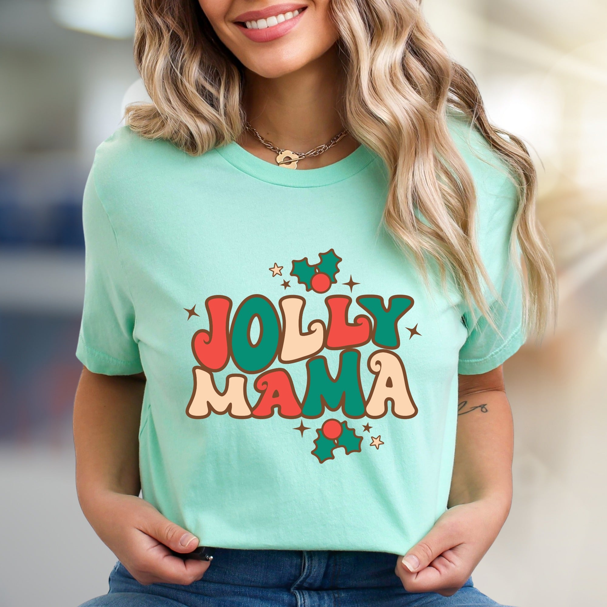 "Jolly Mama" Retro Christmas Graphic Tee, a Festive Pick for Merry Moms