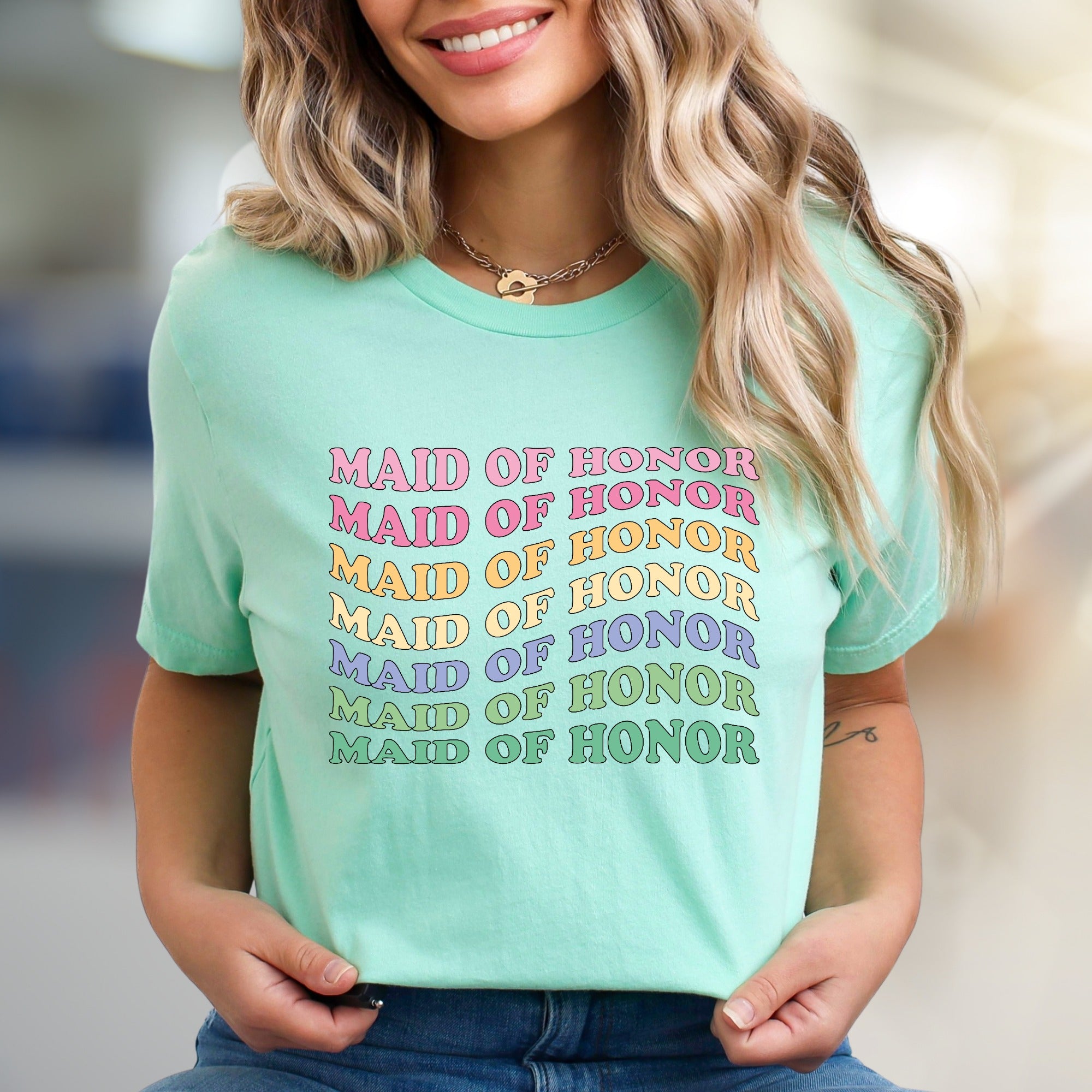 "Maid of Honor" Rainbow Retro Graphic Tee, a Bridal Party Pick for Her