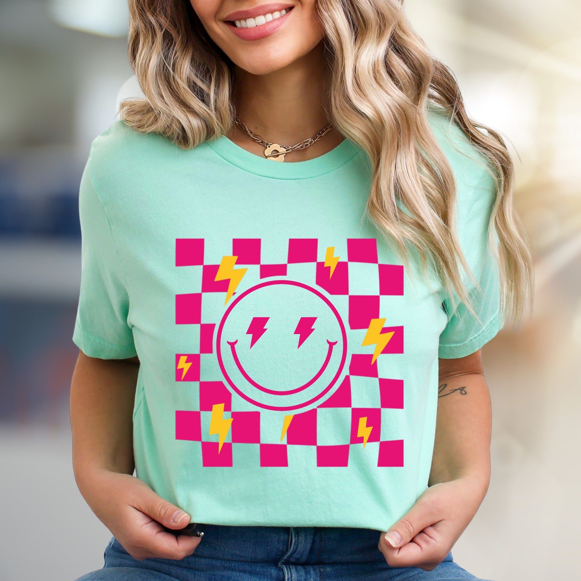Neon Checkerboard Lightning Smiley Face Graphic Tee, a Bold Y2K Pick for Trendsetters