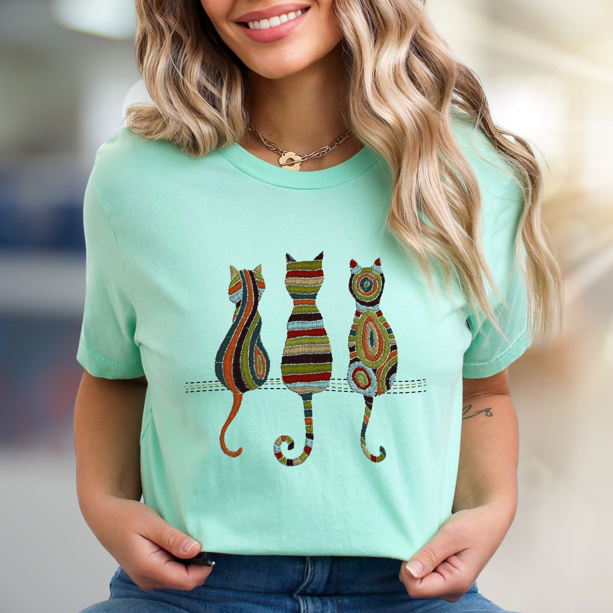 Abstract Cat Trio Art Graphic Tee, A Bohemian Chic Pick for Feline Lovers