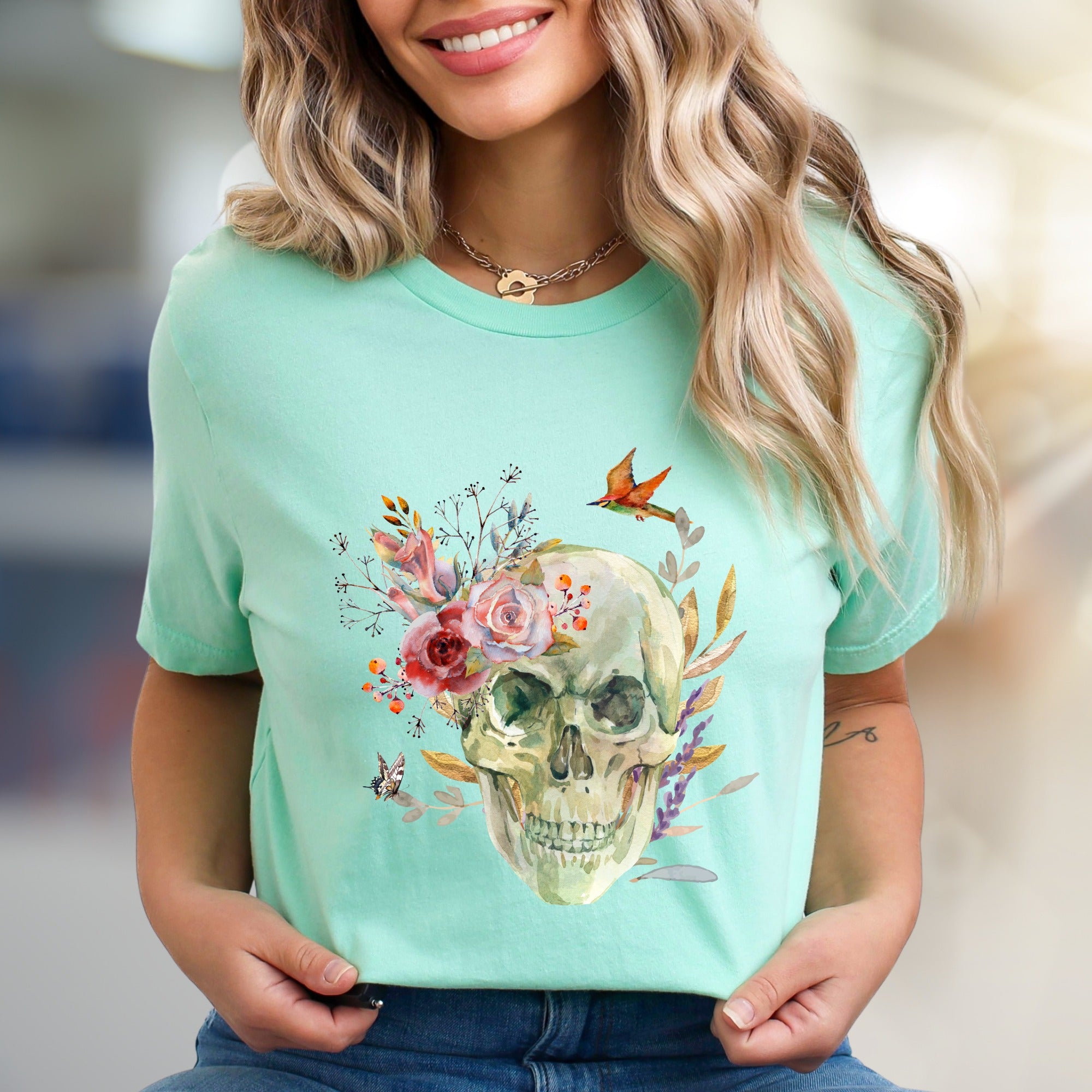 Floral Skull Watercolor Graphic Tee, a Nature-Inspired Pick for Art Lovers