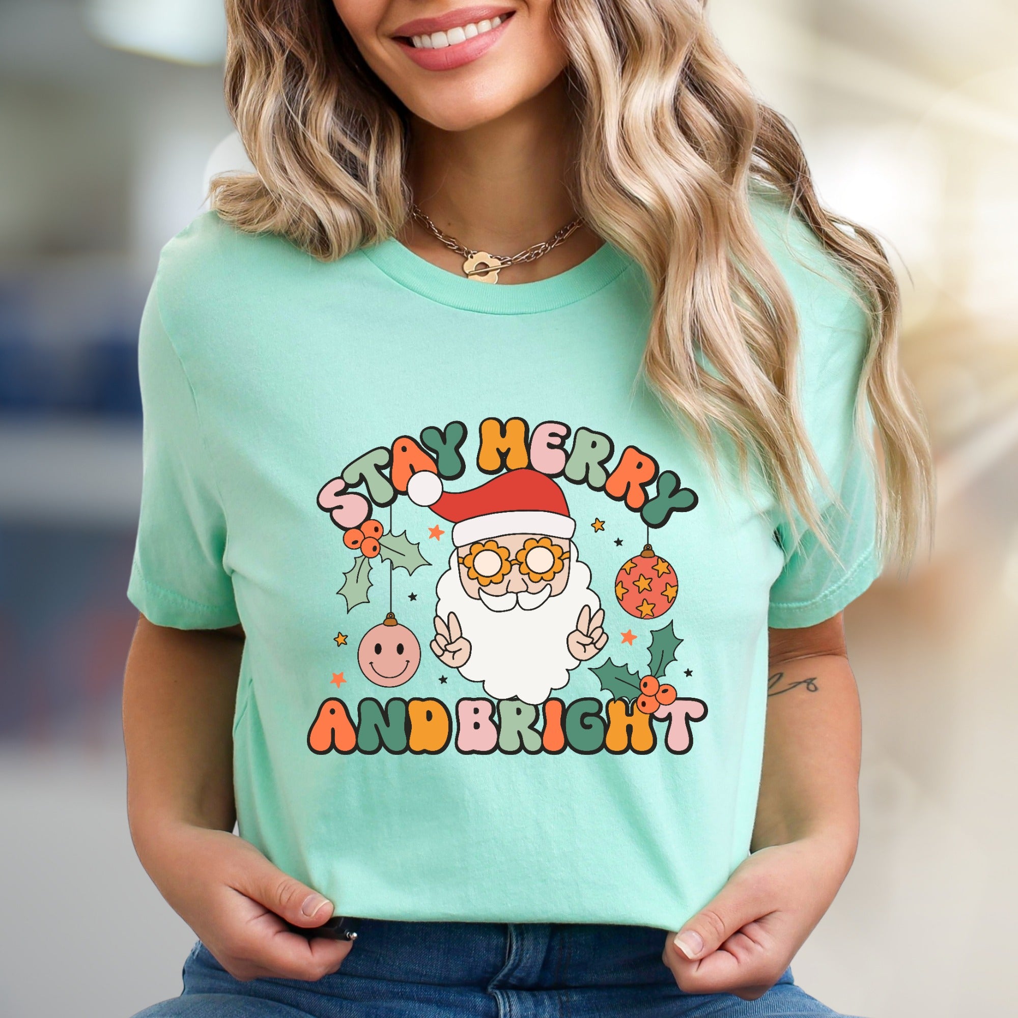 "Stay Merry And Bright" Retro Santa Graphic Tee, a Groovy Holiday Pick for Everyone